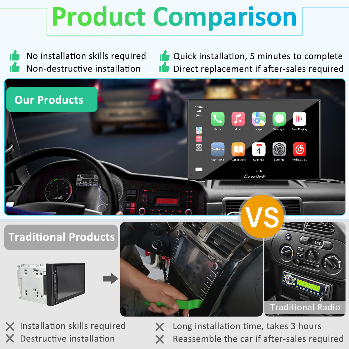 Carpuride-dir 9 Inch Full HD Capacitive Touchscreen Car Stereo with Apple Carplay and Android Auto, Multimedia Player with Bluetooth, Mirror Link, Google, and Siri Assistant