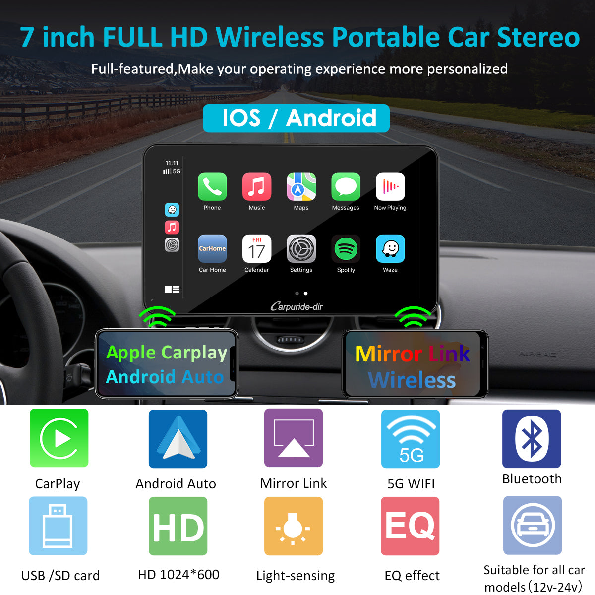 Carpuride-dir 7 Inch Full HD Capacitive Touchscreen Car Stereo with Apple Carplay and Android Auto, Multimedia Player with Bluetooth, Mirror Link, Google, and Siri Assistant (Copy)