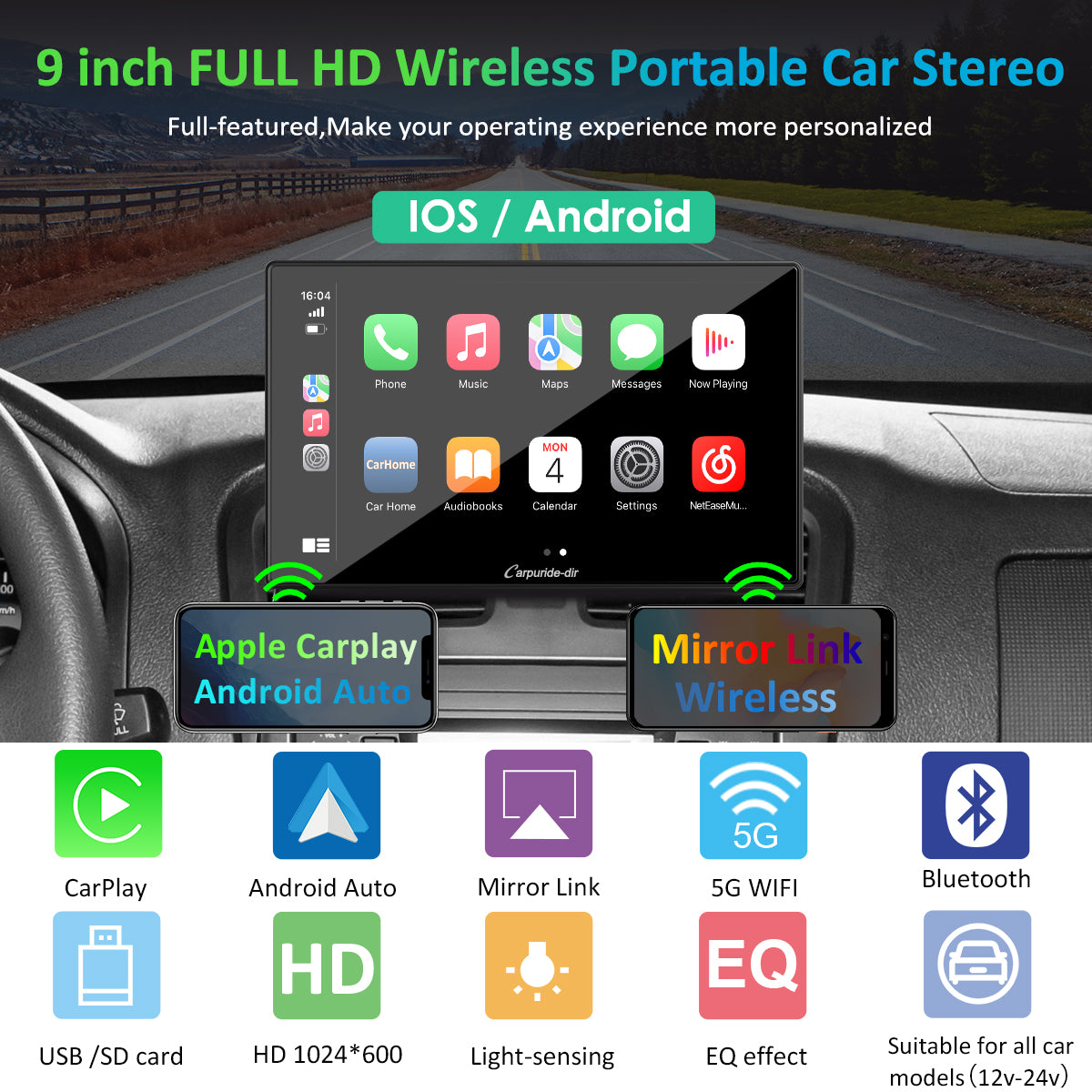 Carpuride-dir 9 Inch Full HD Capacitive Touchscreen Car Stereo with Apple Carplay and Android Auto, Multimedia Player with Bluetooth, Mirror Link, Google, and Siri Assistant
