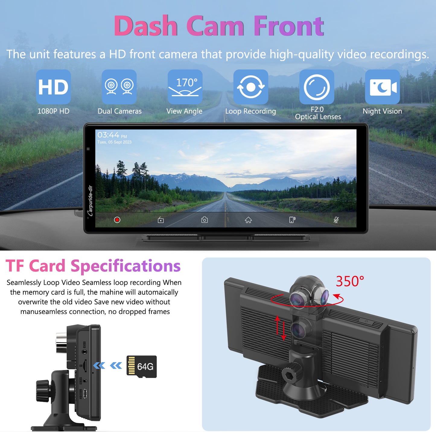 Carpuride-dir 903 Portable Smart Multimedia Dashboard Console with Front Camera and DVR Function