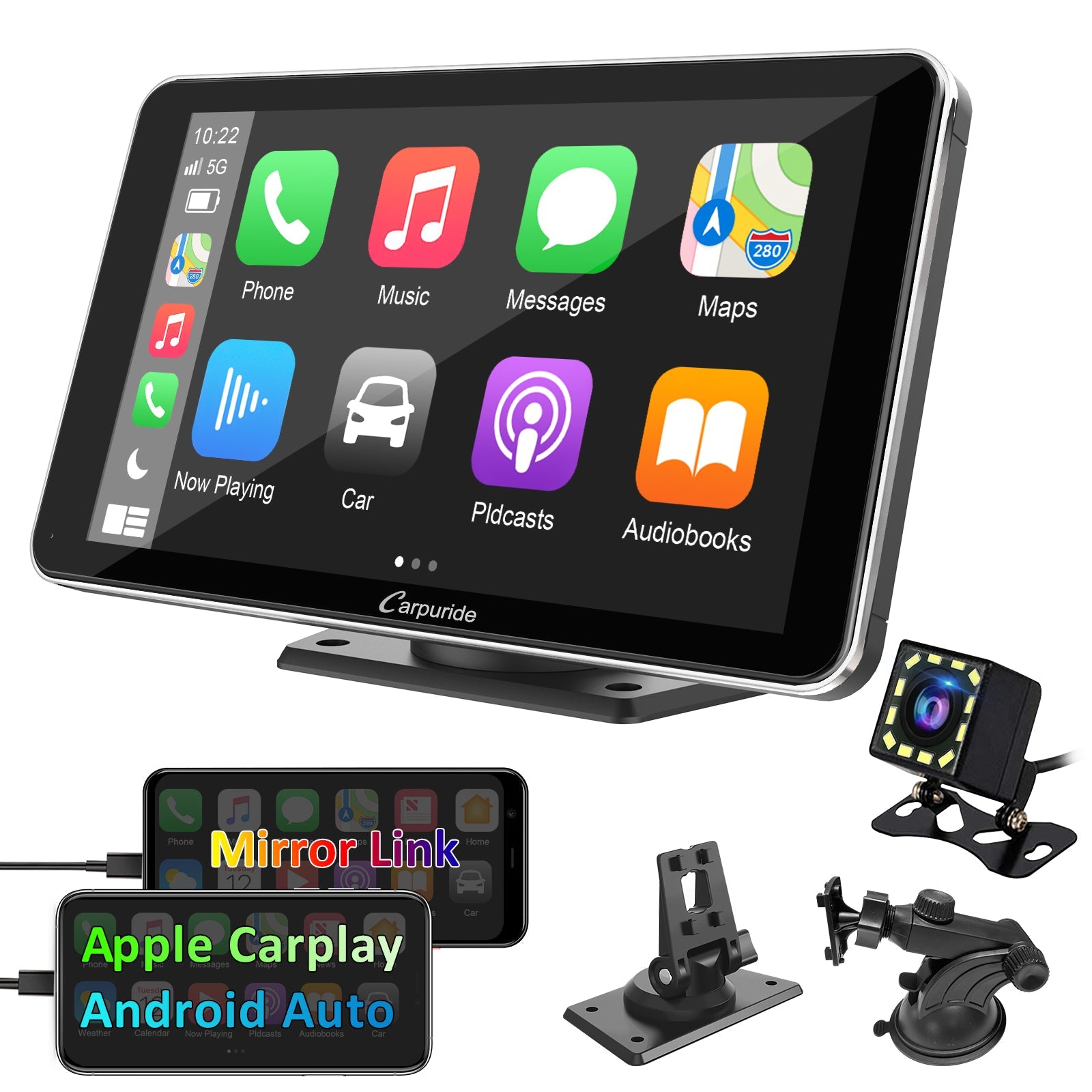 Car Stereo with Carplay/Android Auto, Plug and Play Quick Install, 7 Inch IPS Touch Screen, Multimedia Player with Bluetooth, Mirror Link, Google and Siri Assistant，Backup Camera,Silver Frame