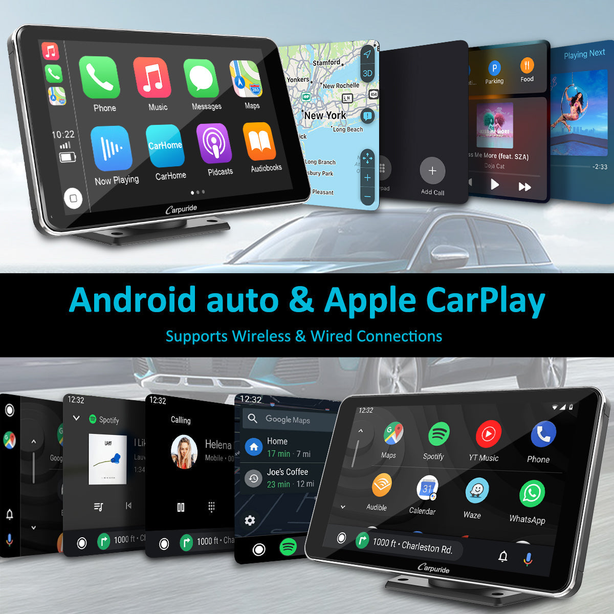 Car Stereo with Wireless Apple CarPlay&Android Auto, 7" IPS Touch Screen,Silver Frame,Multimedia Bluetooth Navigation Dashboard Console with Mirror Link, Google, and Siri Assistant