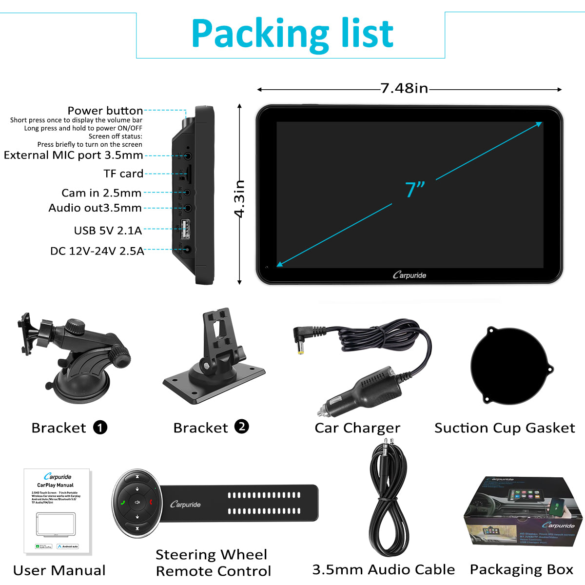 CARPURIDE W701 Wireless Portable Car Stereo with Steering Wheel Control