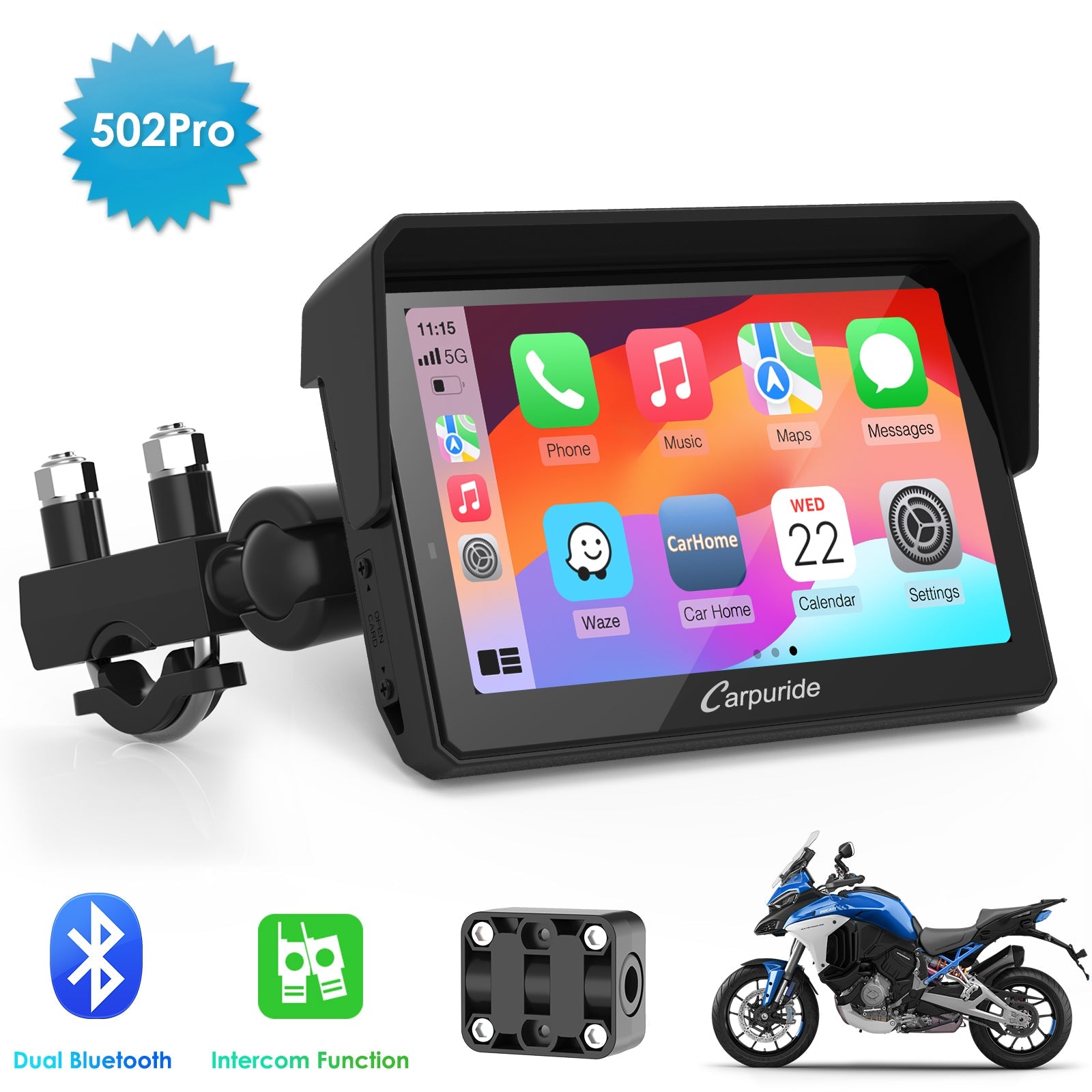 Carpuride W502 Pro, motorcycle gps with dual bluetooth & two-person intercom function

