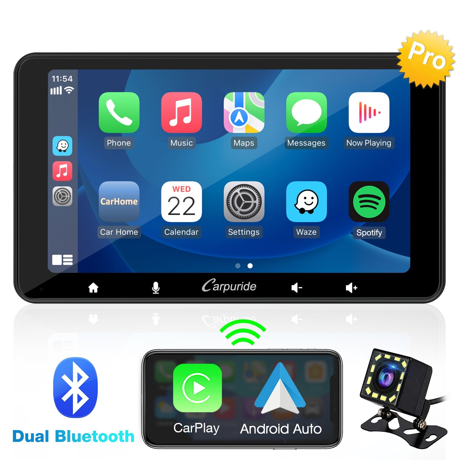 708 pro radio for cars with dual bluetooth, dashcam support carplay & android auto