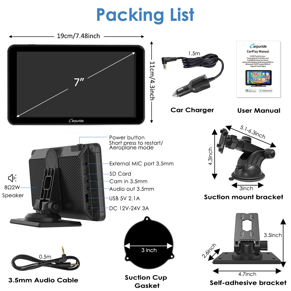 packing list: car screen, car charger, mount brackets, etc.