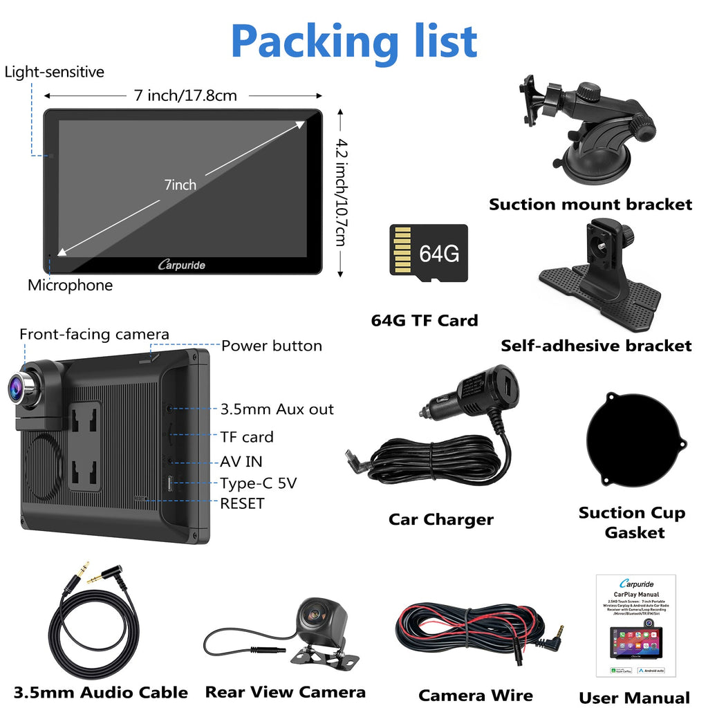 packing list: car radio, rear view camera, car charger, mount brackets, etc.
