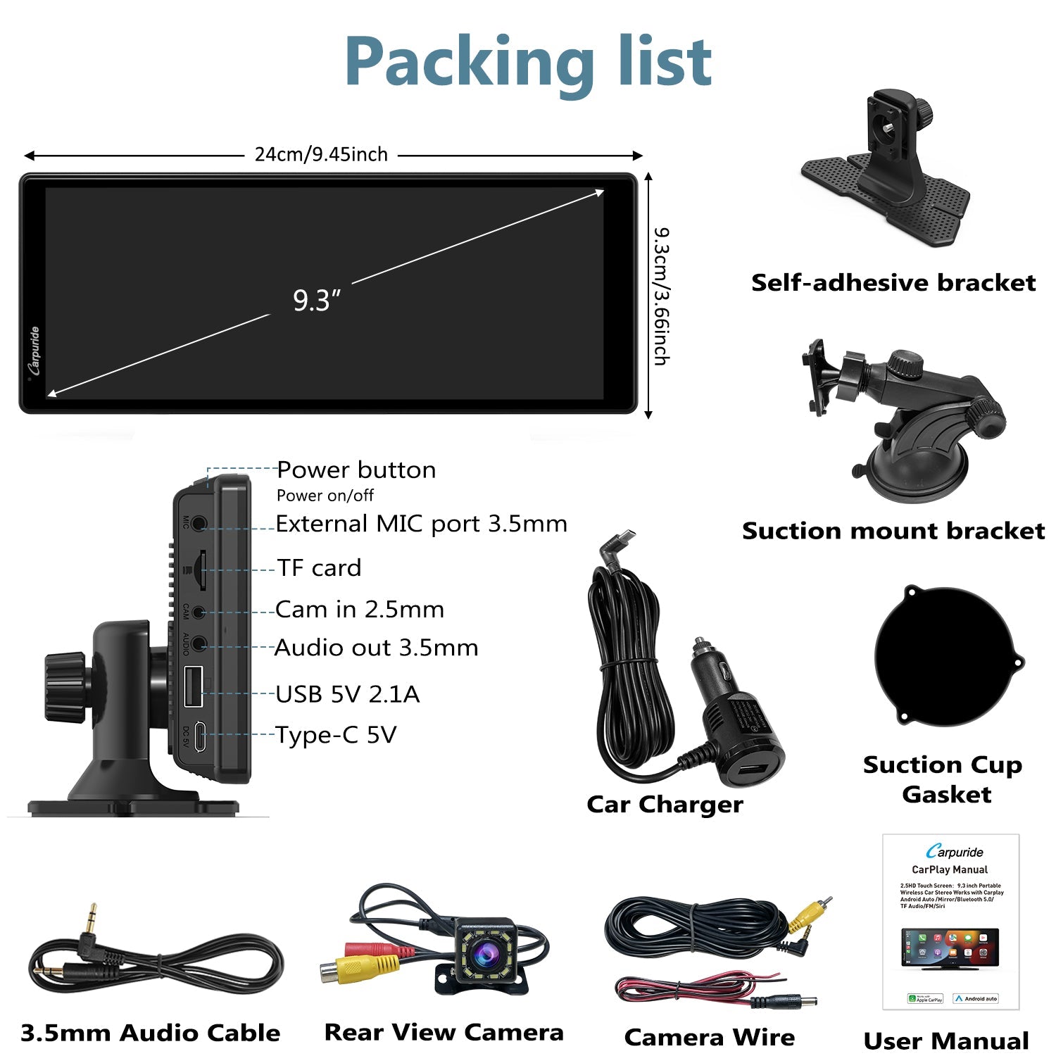 packing list: car screen, car charger, mount brackets, user manual, rear view camera, etc.