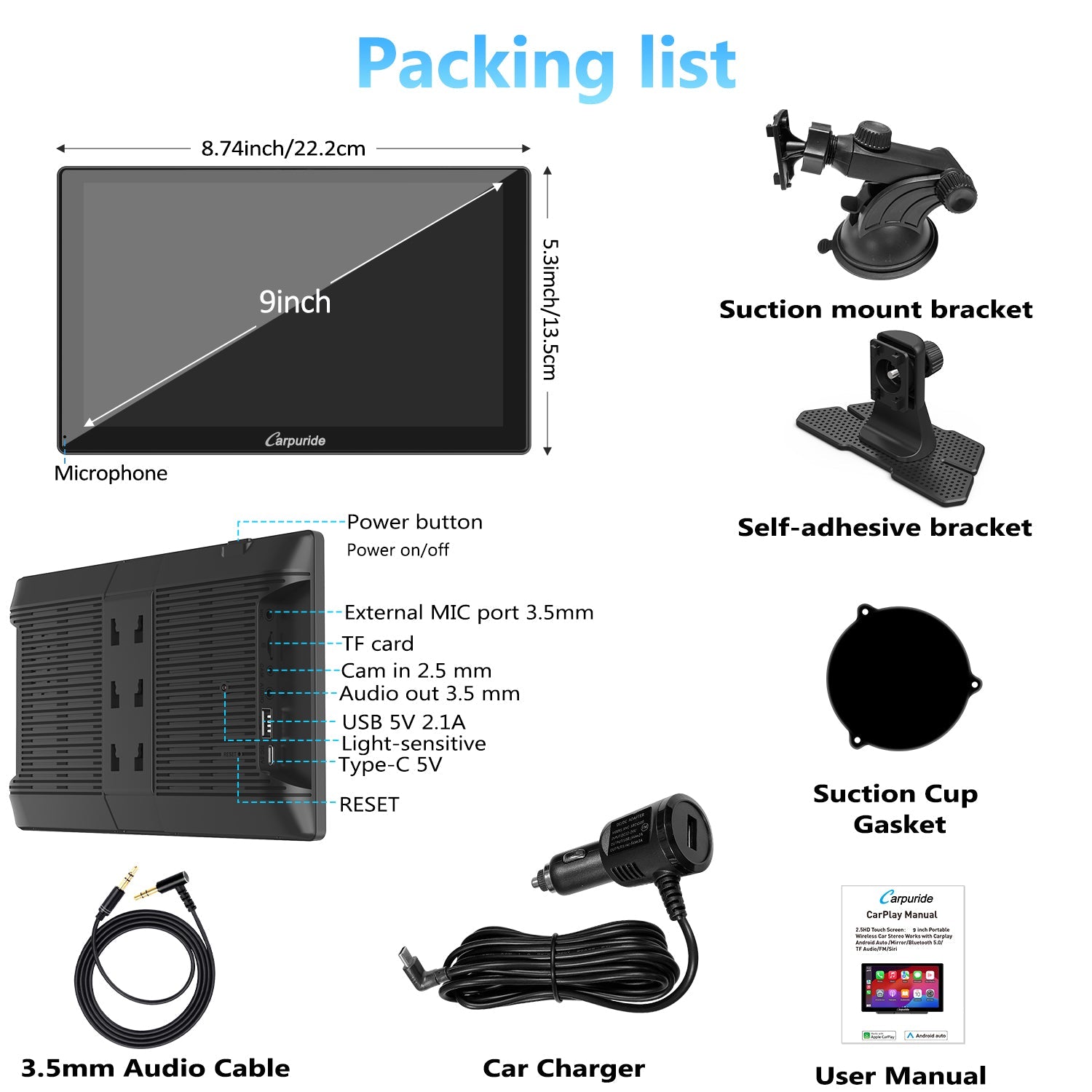 packing list: car screen, car charger, mount brackets, user manual, etc.