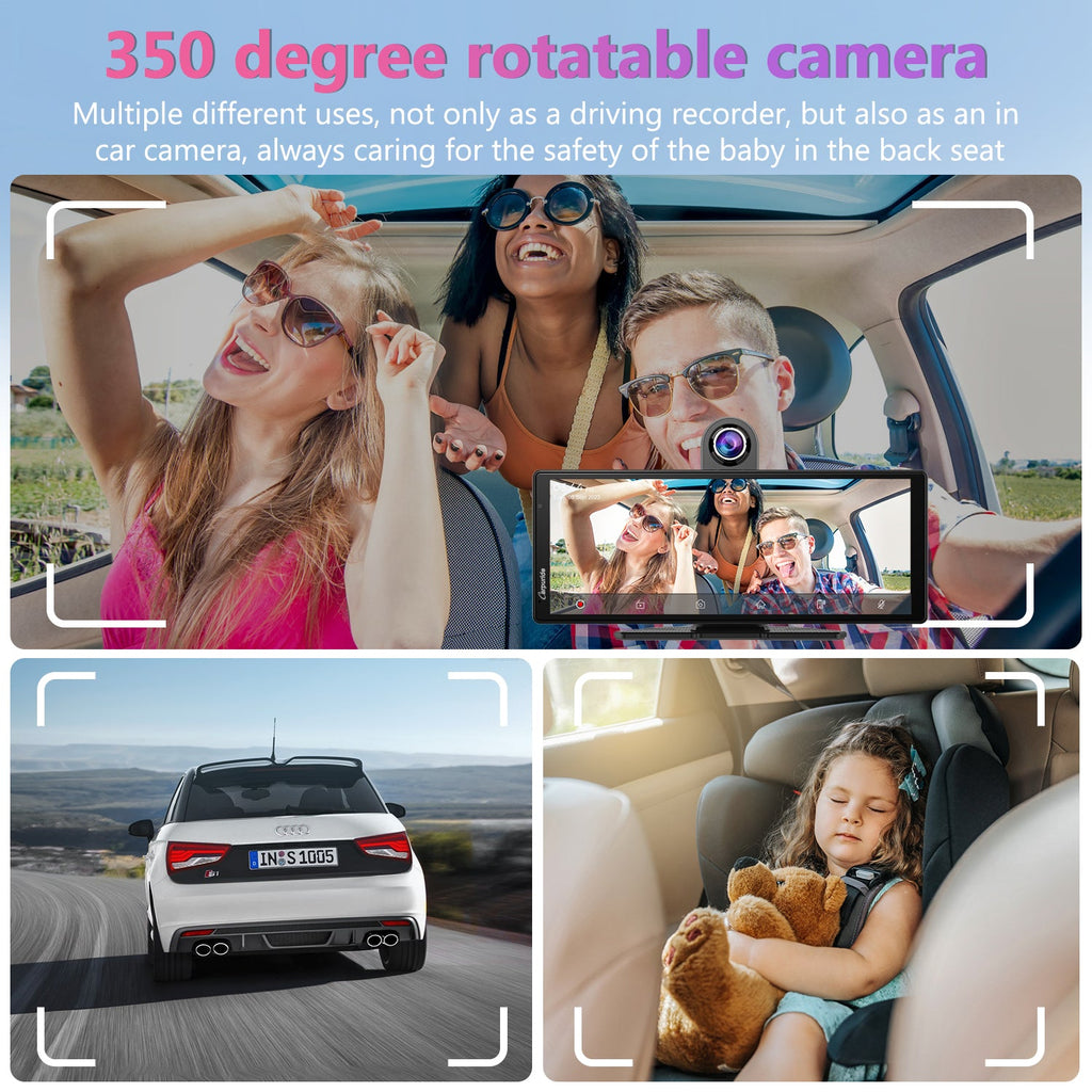 350 degree rotatable camera  of wireless car stereo offers both driving & in car recording 
