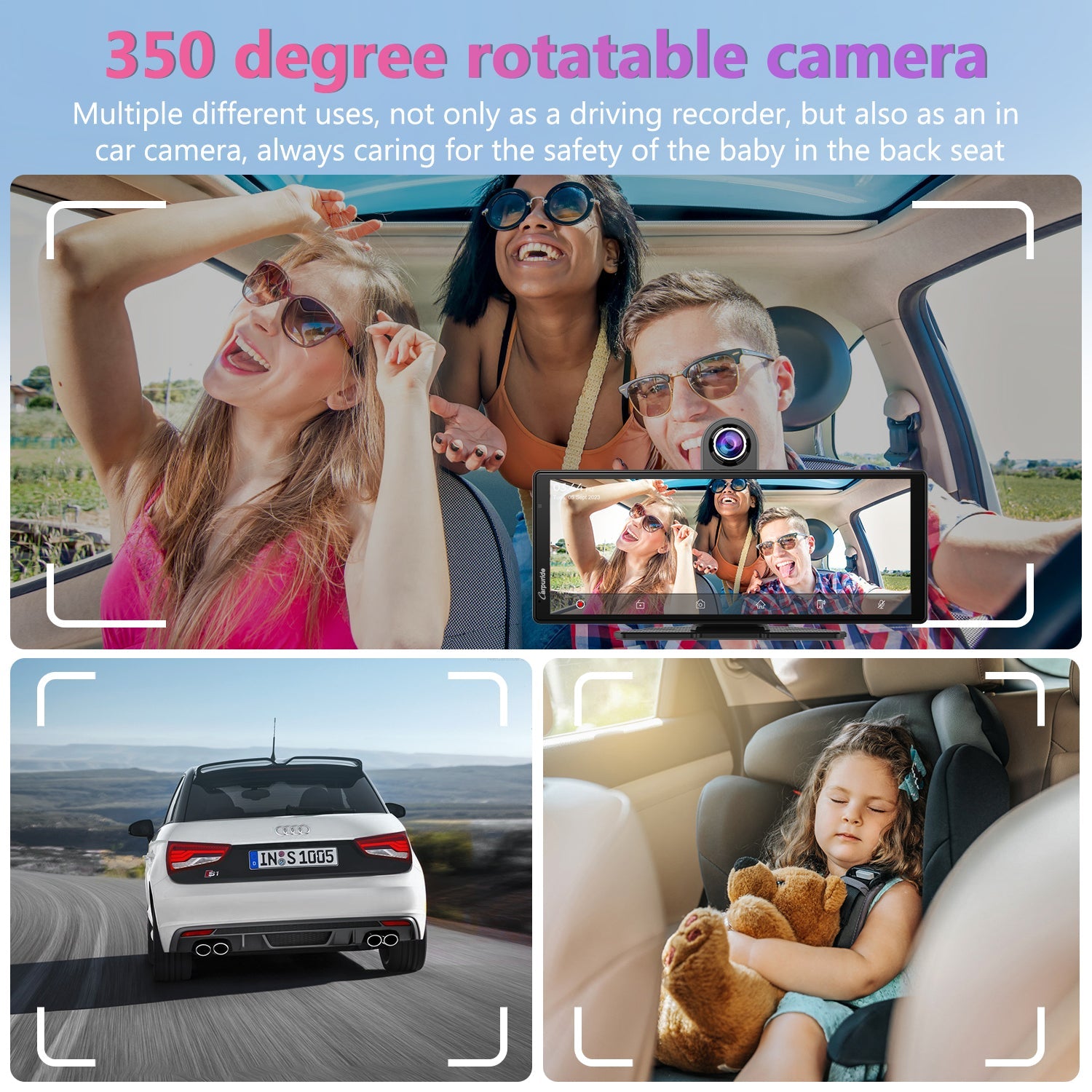 350 degree rotatable camera  of wireless car stereo offers both driving & in car recording 