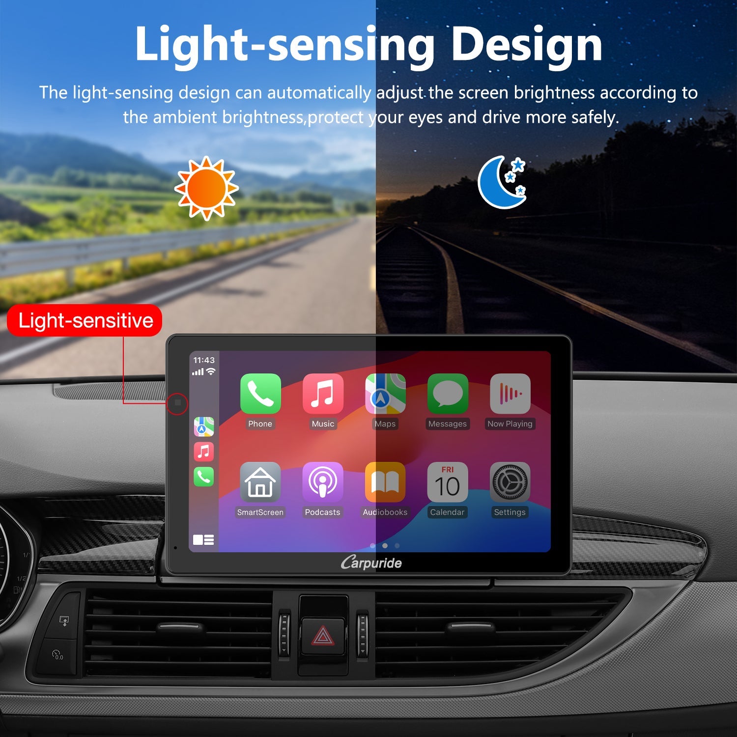 apple carplay screen for car with light sensing, automatically adjust screen brightness 
