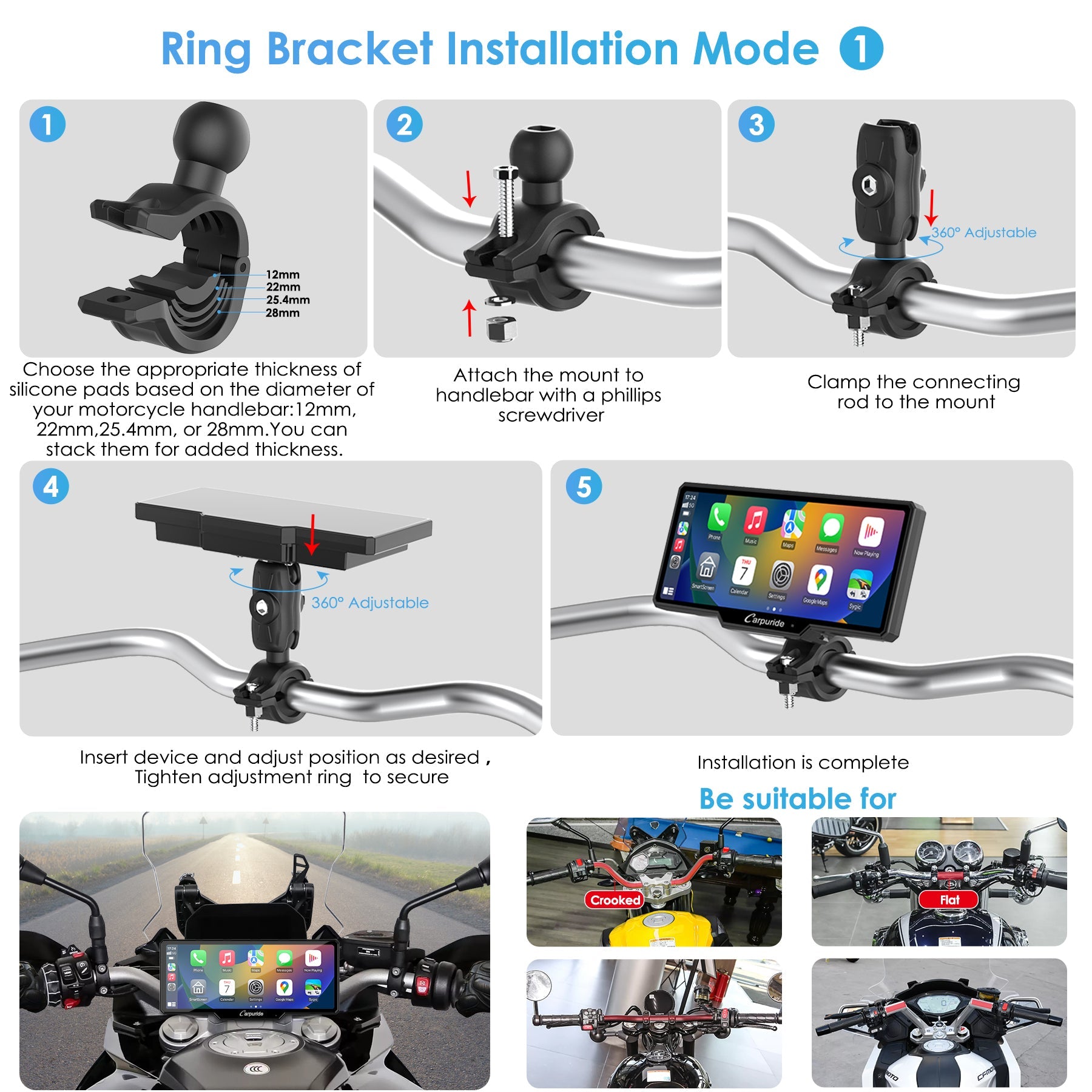 ring bracket installation mode 1(with extension rod), suitable for different motorcycle handlebars