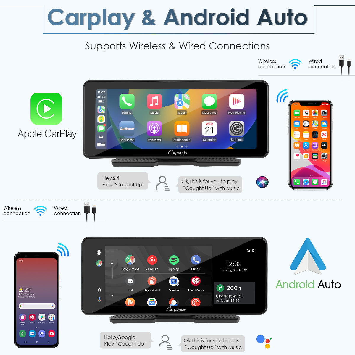 touch screen deck for car support wired and wireless connections of carplay & android auto