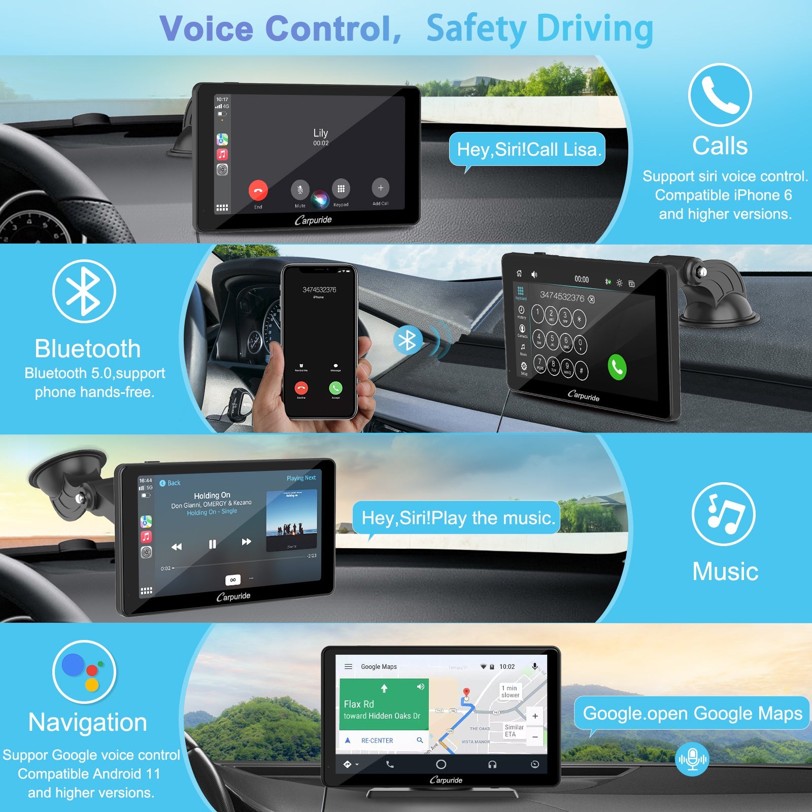 cheap carplay head unit use bluetooth voice control for calls, music, navigation enable safe driving