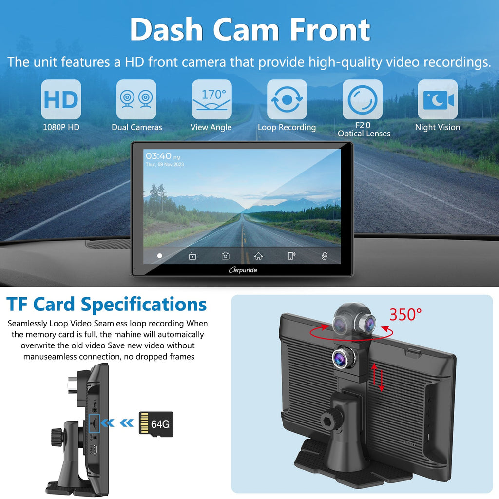 HD 350 degree rotatable front camera & 64G TF card offers better in car and out car experience