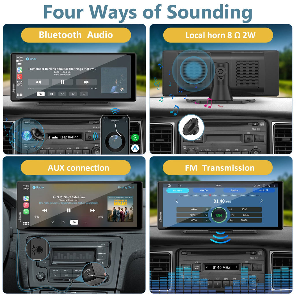 car gps tracker with 4 ways of sounding, built-in speaker, aux, FM, bluetooth audio