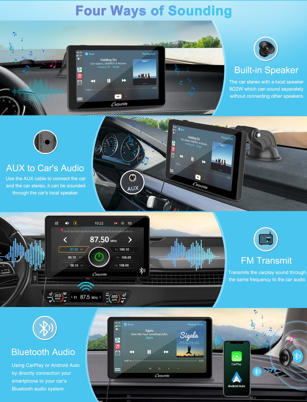 4 ways of sounding, built-in speaker, aux, FM, bluetooth audio