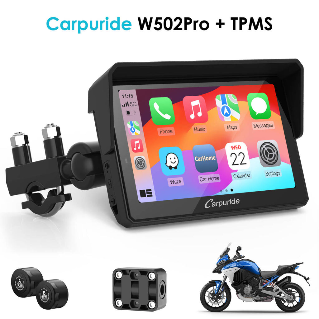 Carpuride W502 Pro / W702 Pro Wireless Motorcycle Stereo with Optional TPMS | Dual Bluetooth Intercom, Compass & Barometer