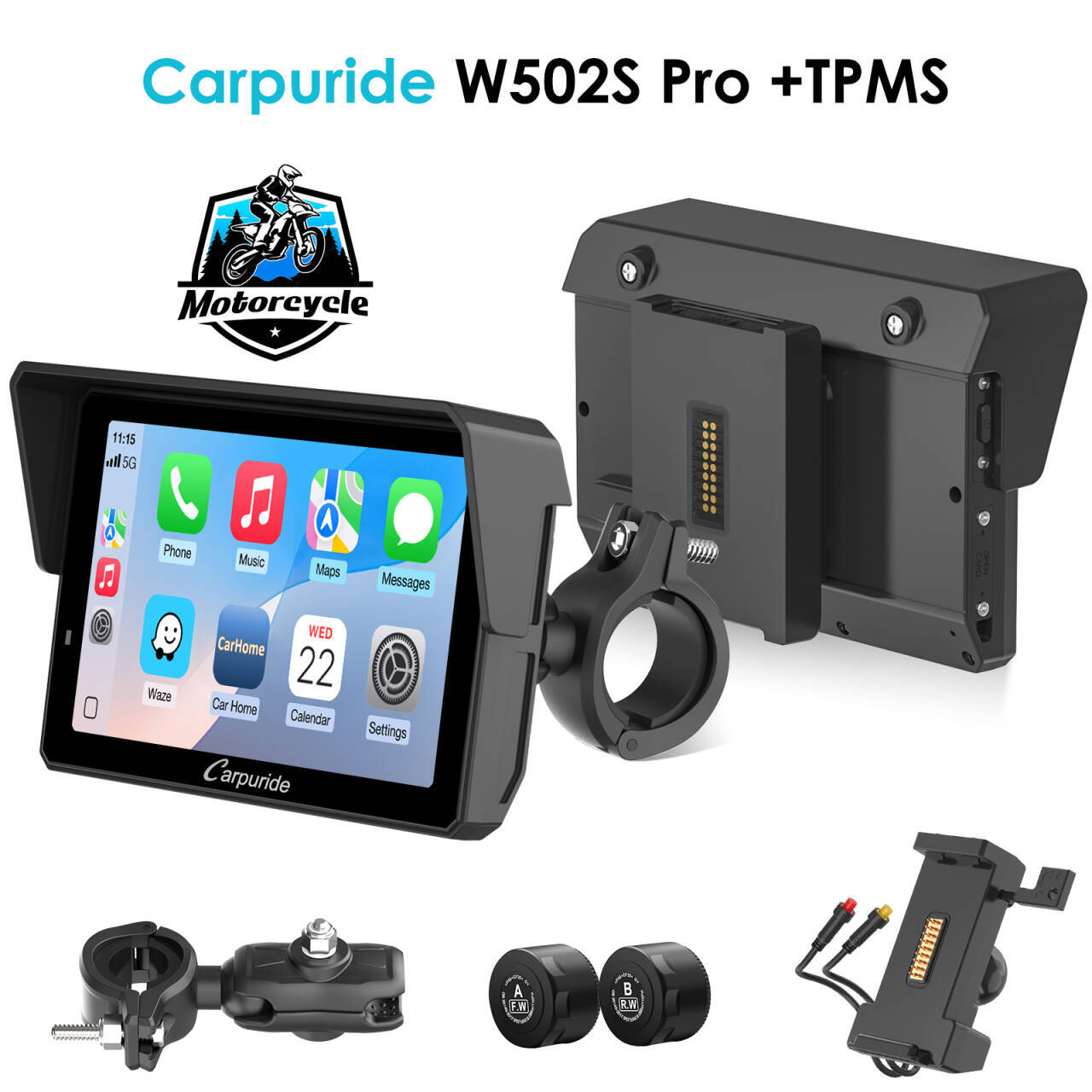 Carpuride W702S Pro/W502S Pro | Universal Motorcycle CarPlay with Optional TPMS & Plug-and-Play BM05 Bracket