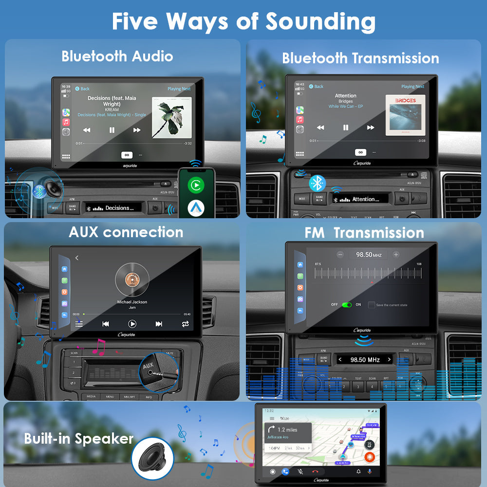 5 sounding ways: bt audio, bluetooth transmission, built-in speaker, aux connection, FM transmission