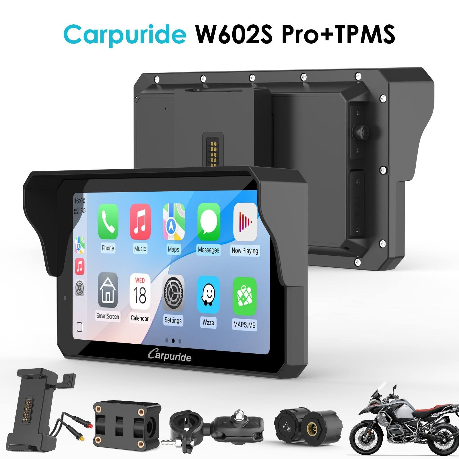 Carpuride W602S Pro with Optional TPMS | 6-Inch Motorcycle CarPlay  | Plug-and-Play BM05 Bracket with Type-C Port