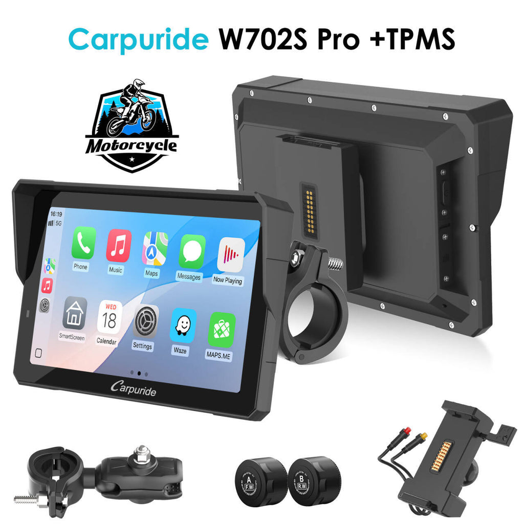 Carpuride W702S Pro/W502S Pro | Universal Motorcycle CarPlay with Optional TPMS & Plug-and-Play BM05 Bracket