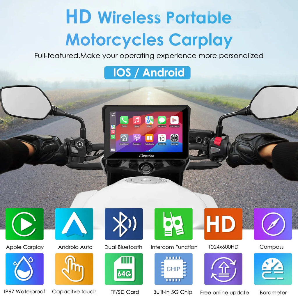 Carpuride W502 Pro / W702 Pro Wireless Motorcycle Stereo with Optional TPMS | Dual Bluetooth Intercom, Compass & Barometer