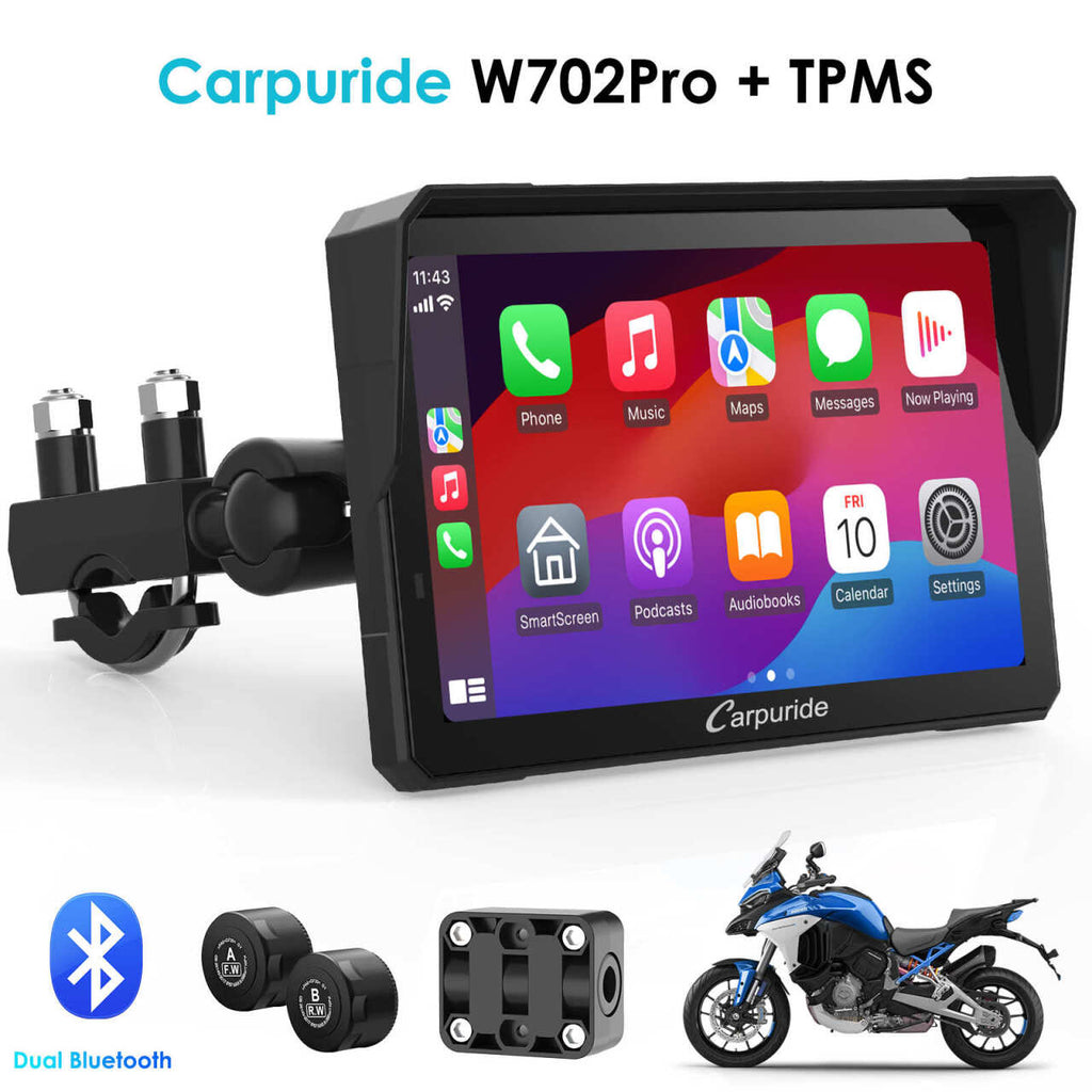 Carpuride W502 Pro / W702 Pro Wireless Motorcycle Stereo with Optional TPMS | Dual Bluetooth Intercom, Compass & Barometer