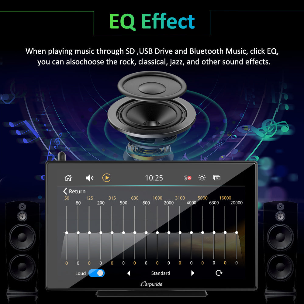 car dash screen with EQ effect adjust, rock, classical, jazz and other sound effects