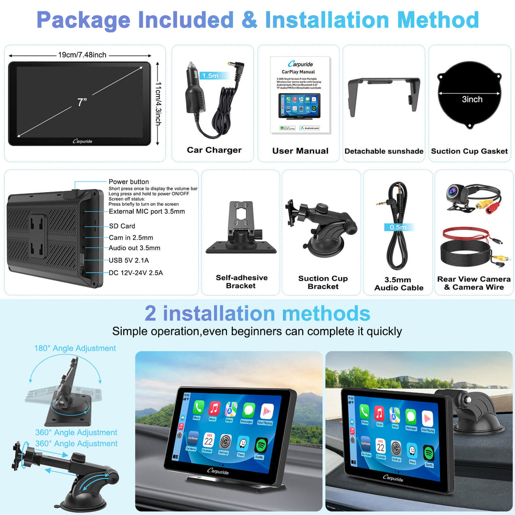 CARPURIDE V3 Portable Smart Multimedia Dashboard Console with Detachable Sunshade