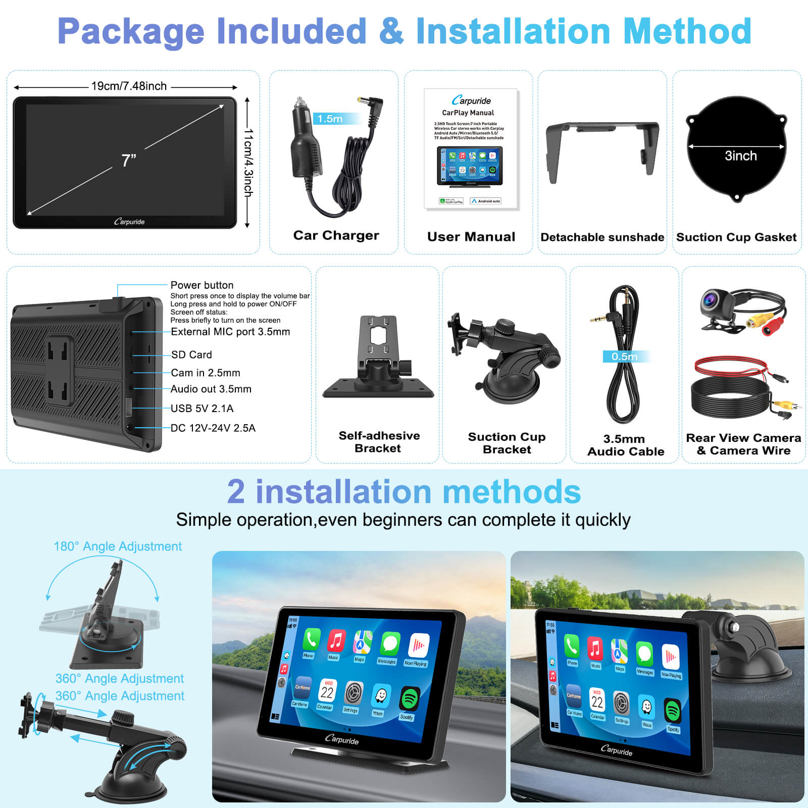 CARPURIDE V3 Portable Smart Multimedia Dashboard Console with Detachable Sunshade