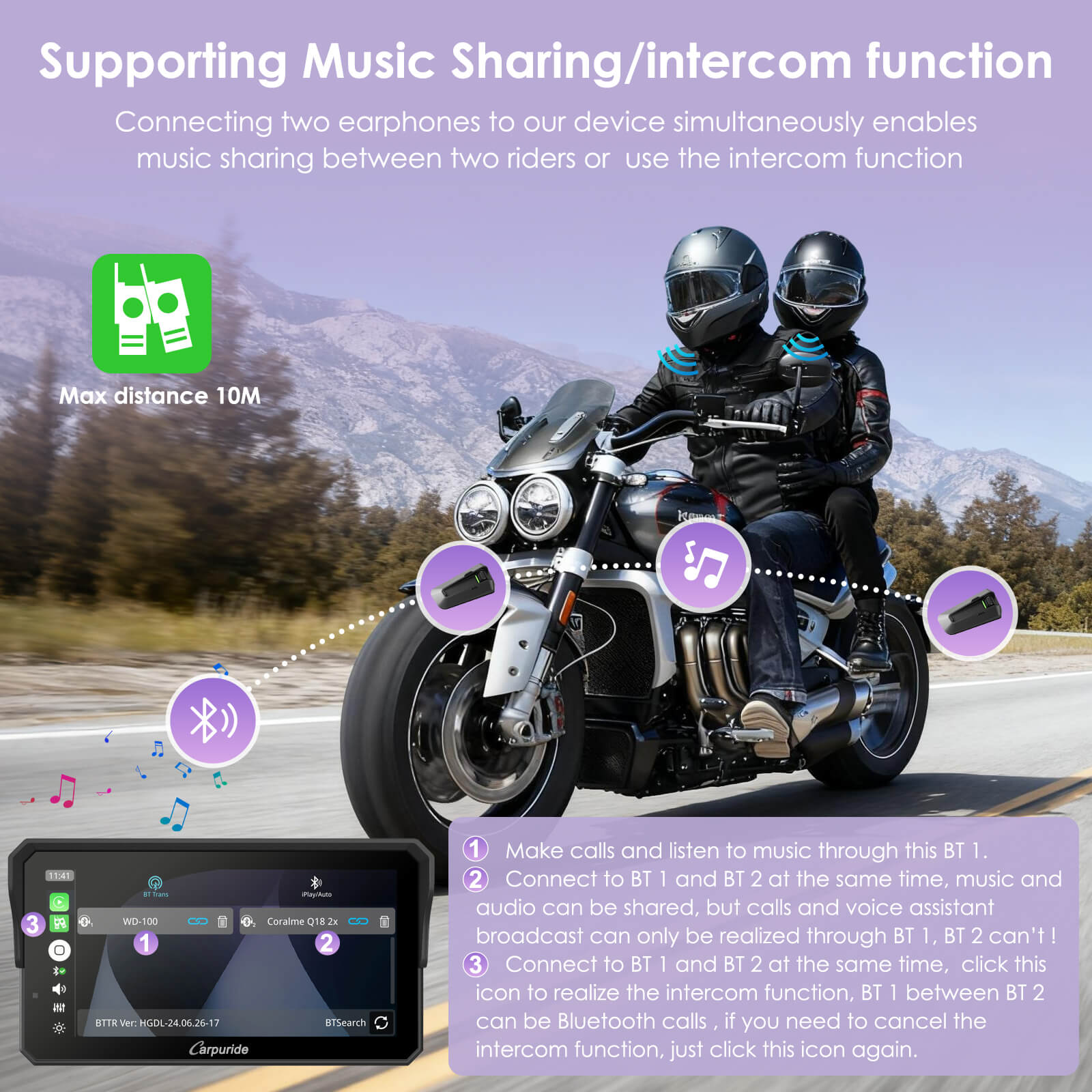 Motorcycle Intercom Function and Music Sharing