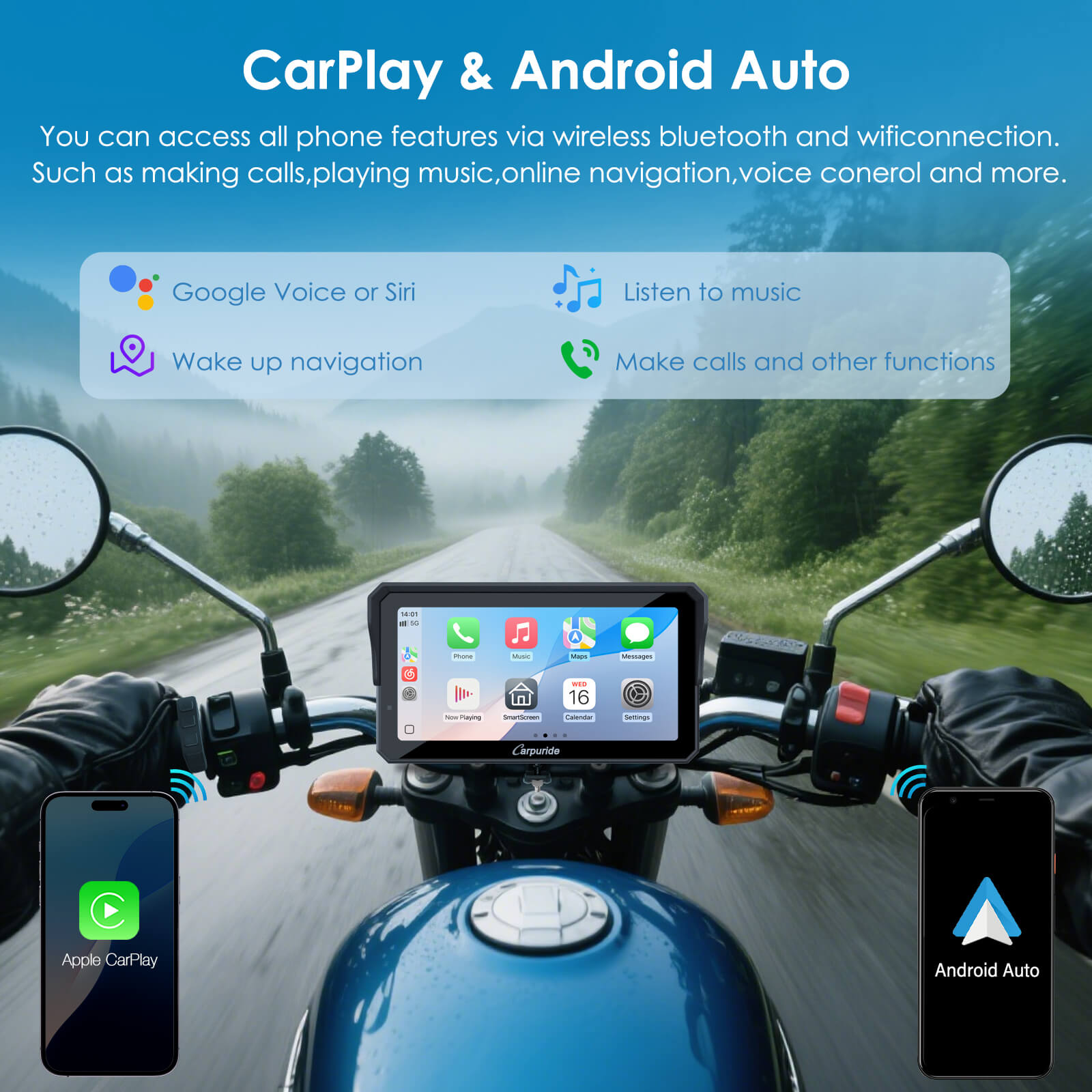 Wireless CarPlay and Android Auto for 6-inch motorcycle stereo