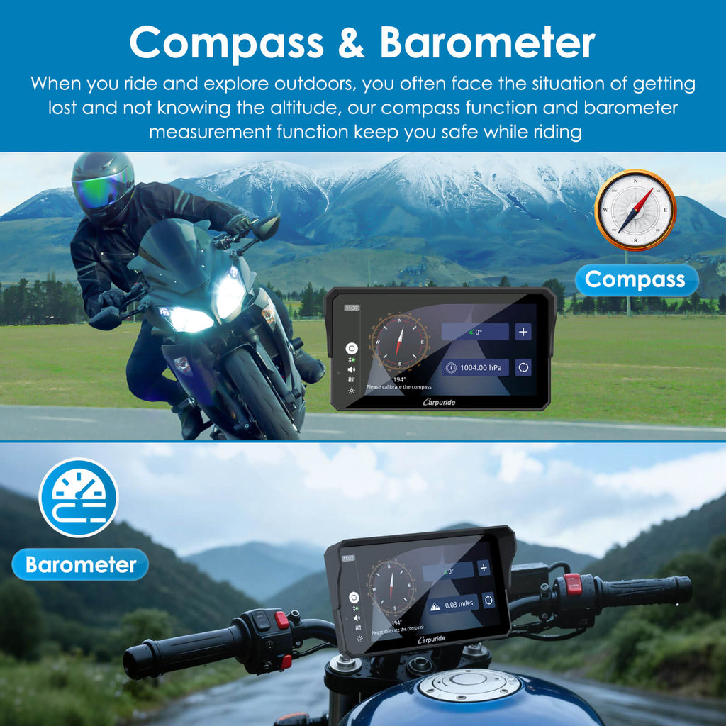 Compass and barometer features for motorcycle navigation
