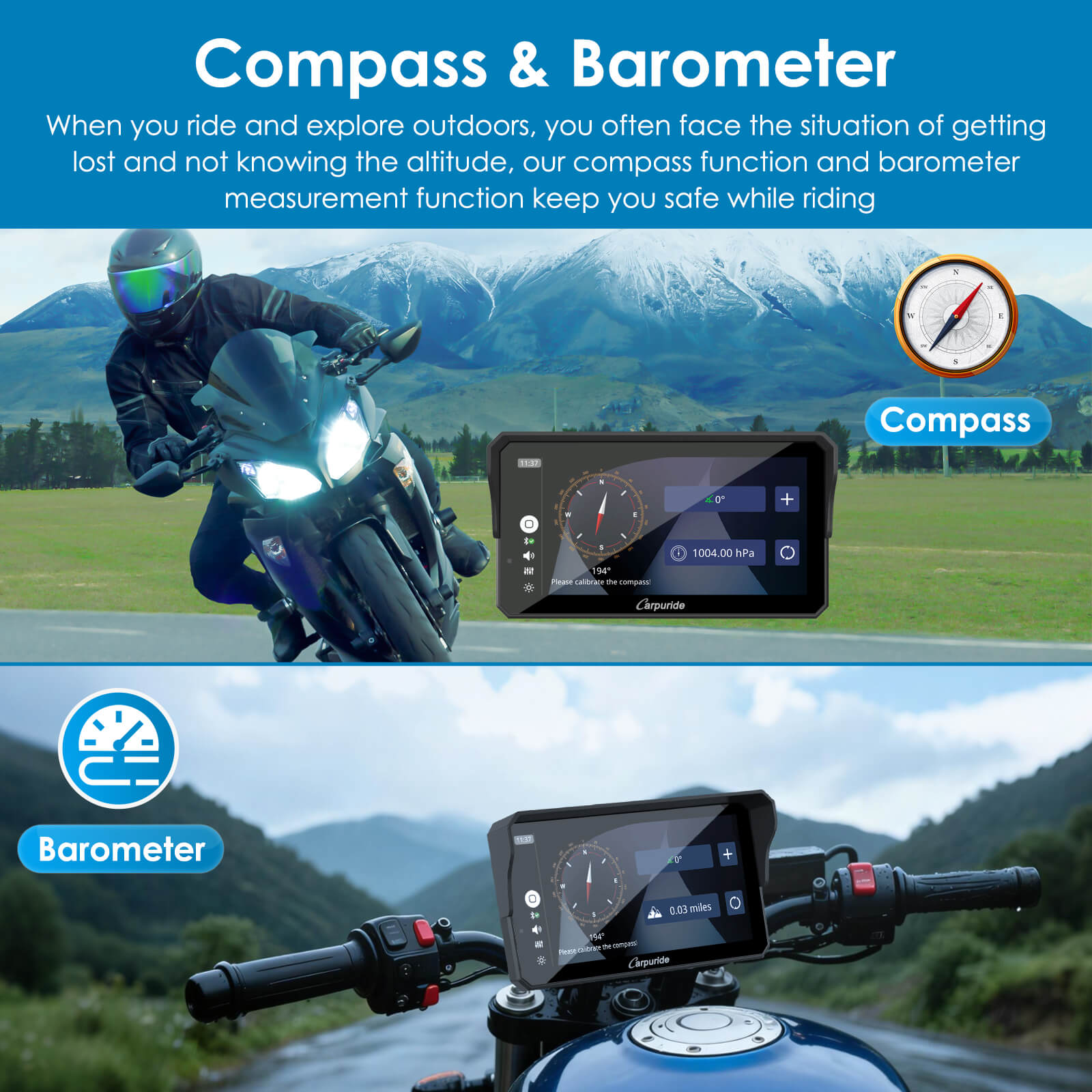 Compass and barometer features for motorcycle navigation