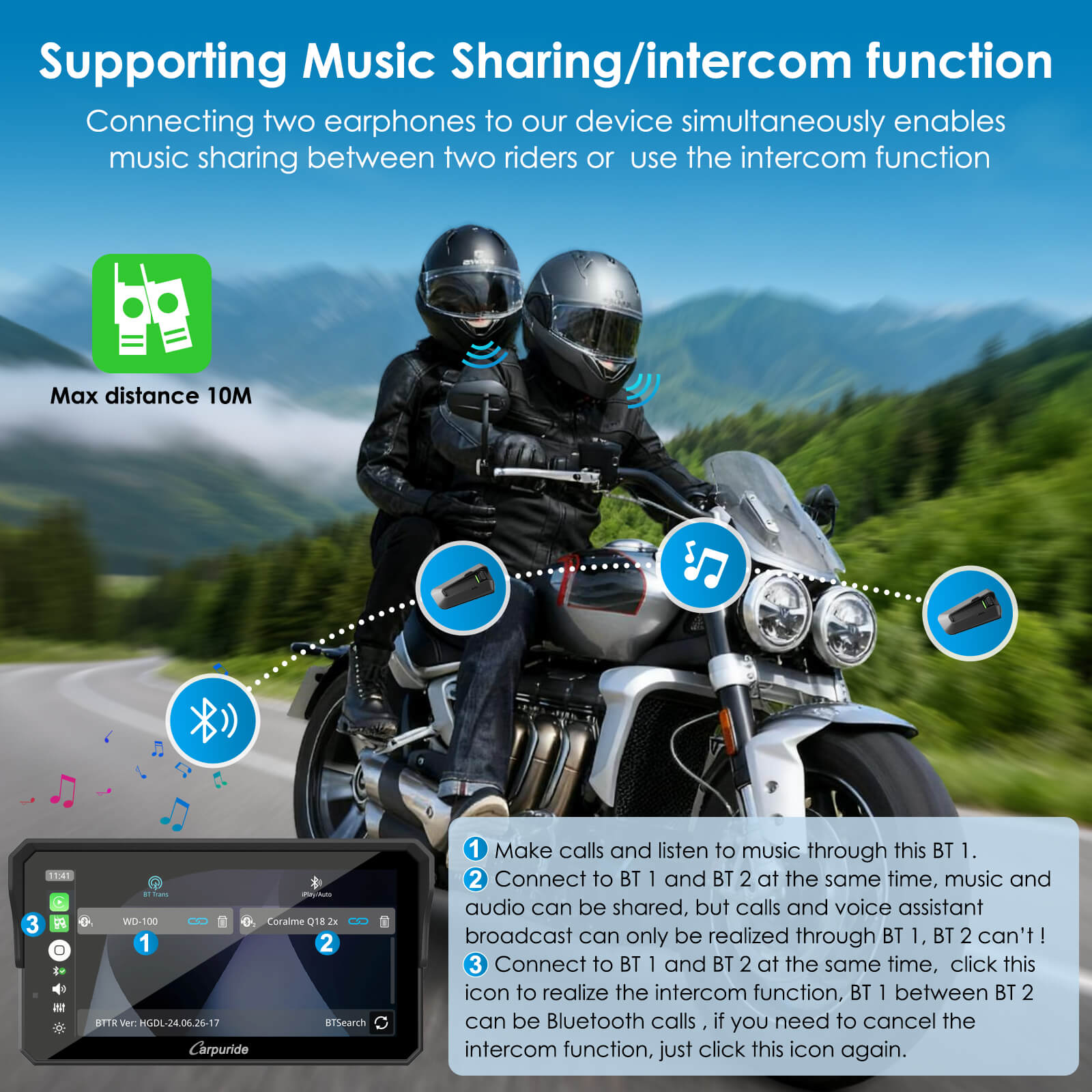 Dual Bluetooth intercom function for rider and passenger communication