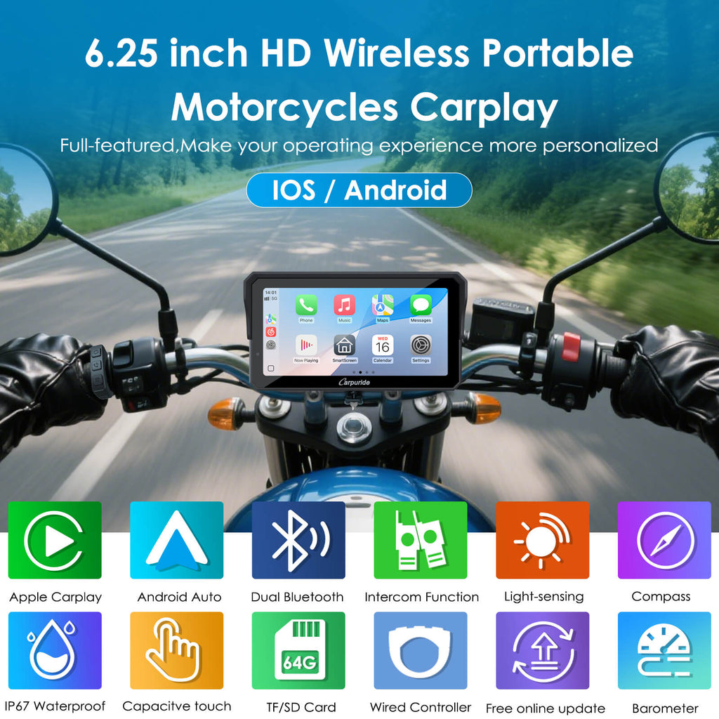 Carpuride W602S Pro 6-inch wireless motorcycle CarPlay and Android Auto stereo system
