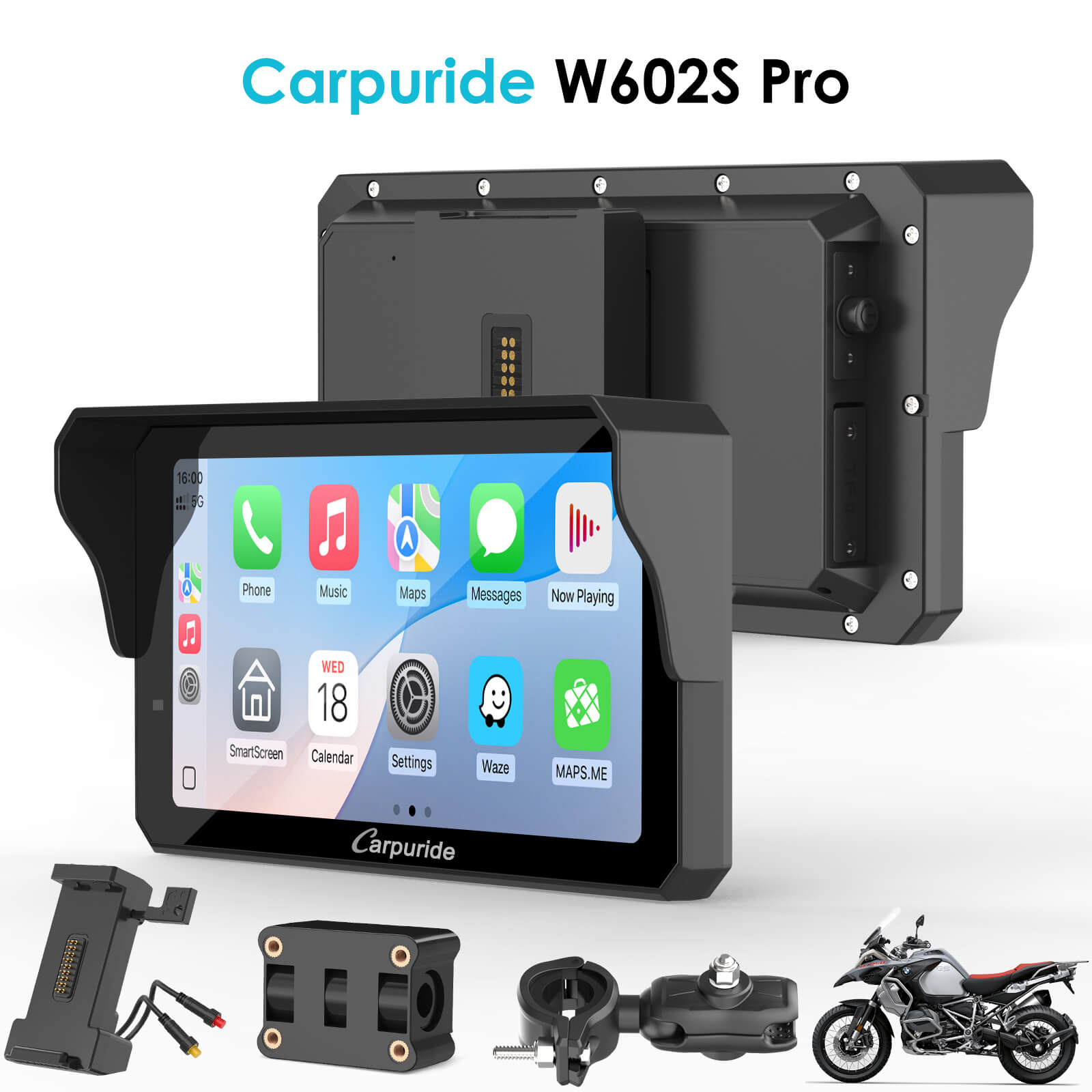 Carpuride W602S Pro 6-inch motorcycle CarPlay with BM05 plug-and-play bracket