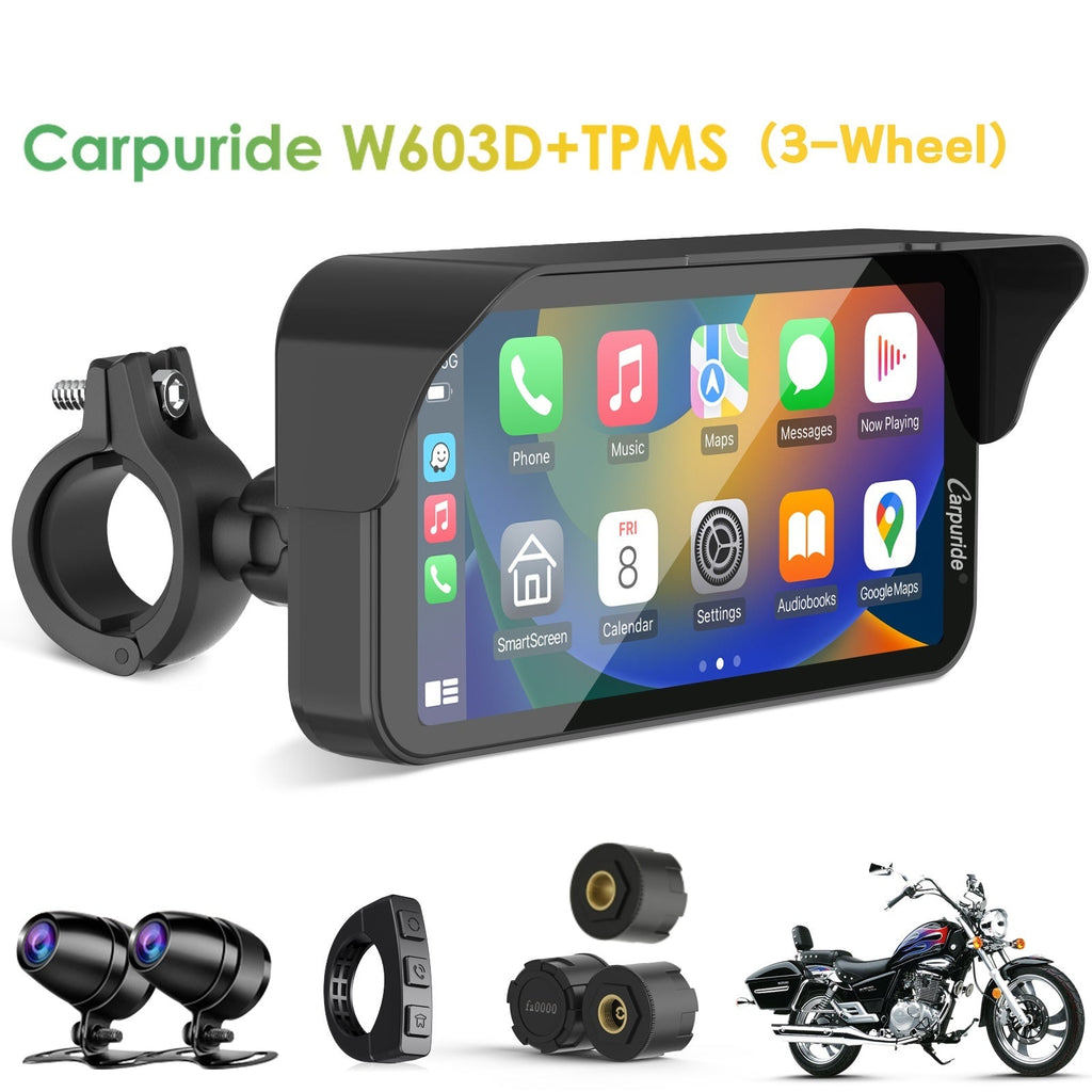 Carpuride W603D with TPMS Option | Wireless Portable Motorcycle Stereo with HD Dual Cameras