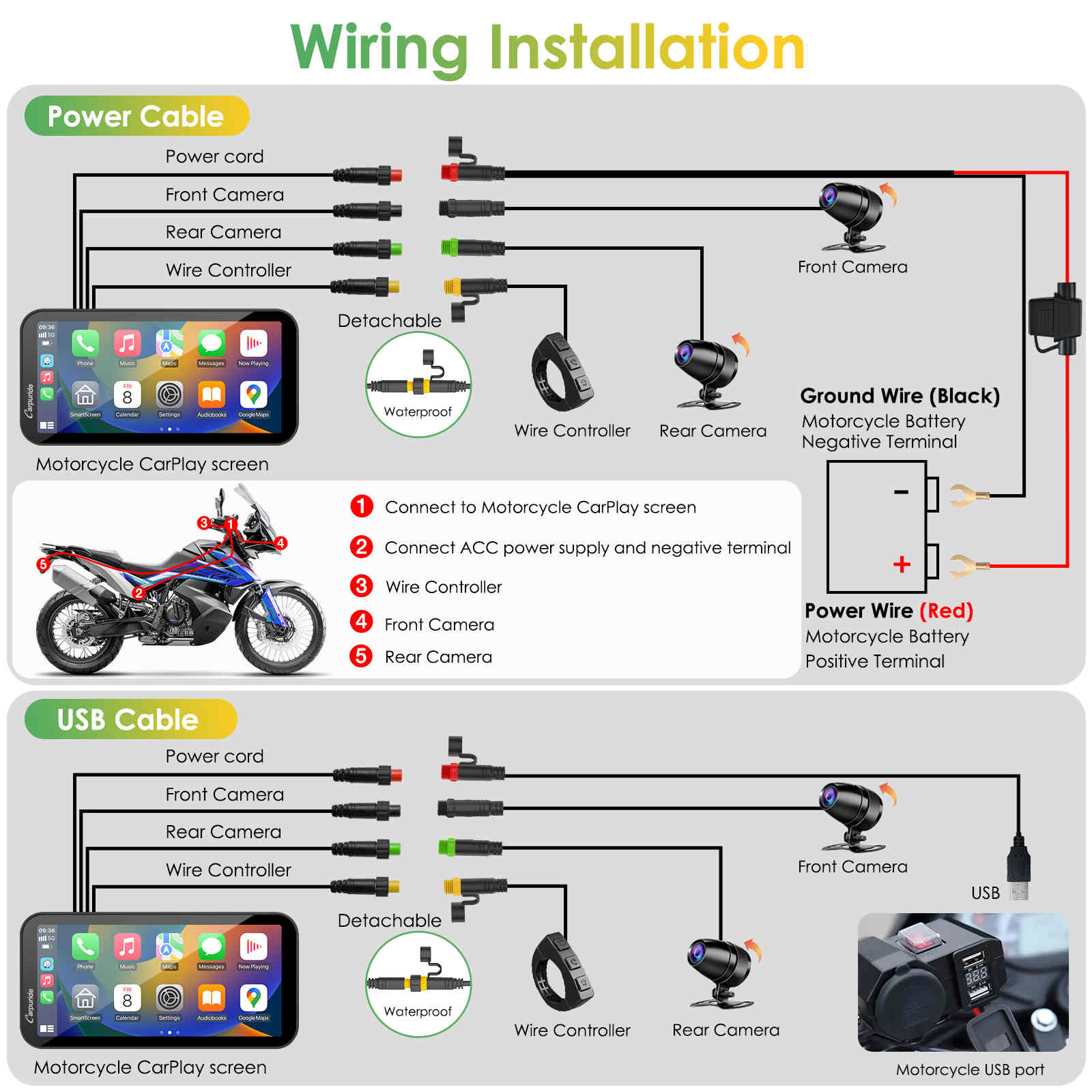 Carpuride W603D with TPMS Option | Wireless Portable Motorcycle Stereo with HD Dual Cameras