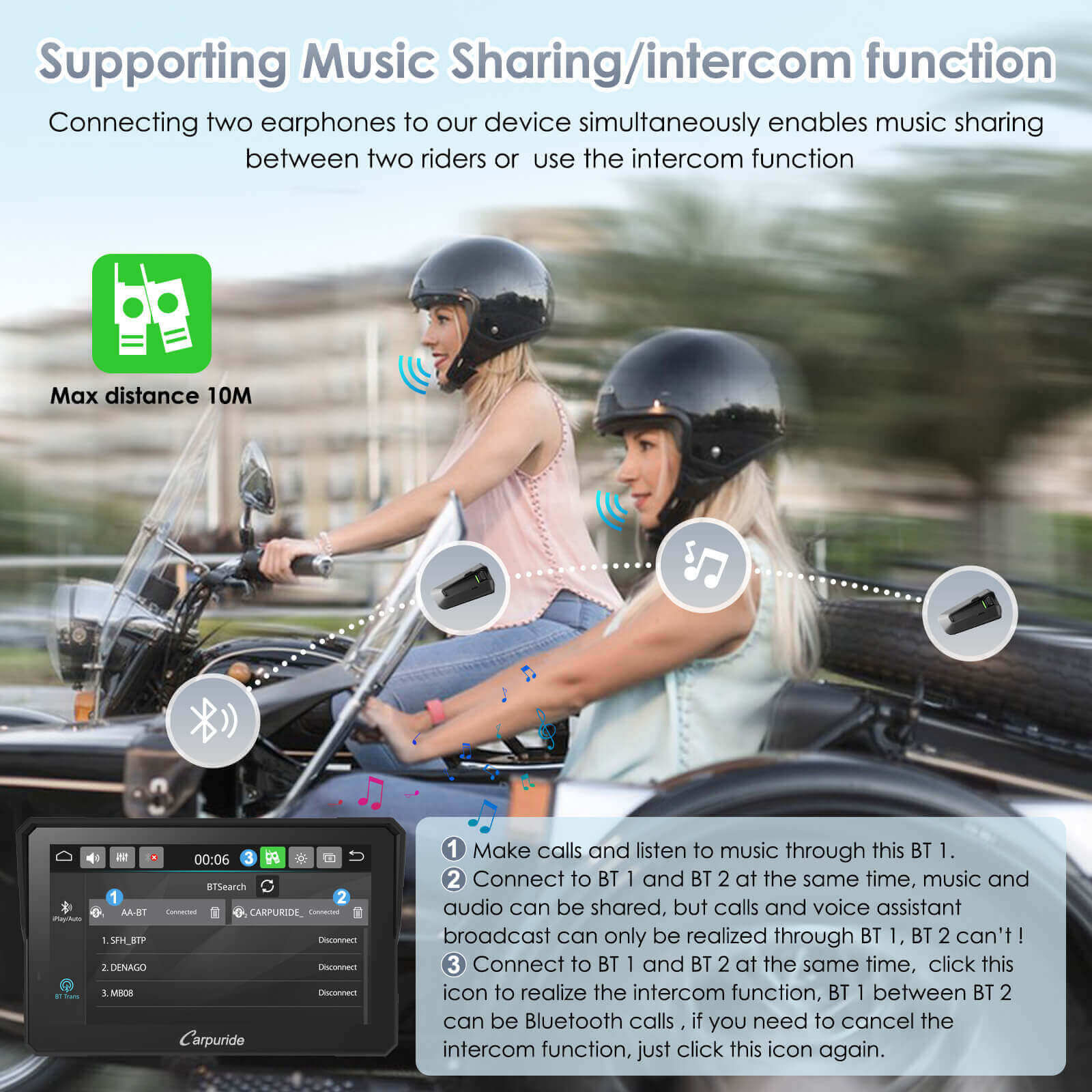 Carpuride 702RS Pro with Optional TPMS - Motorcycle CarPlay with Radar BSD & Plug-and-Play Bracket
