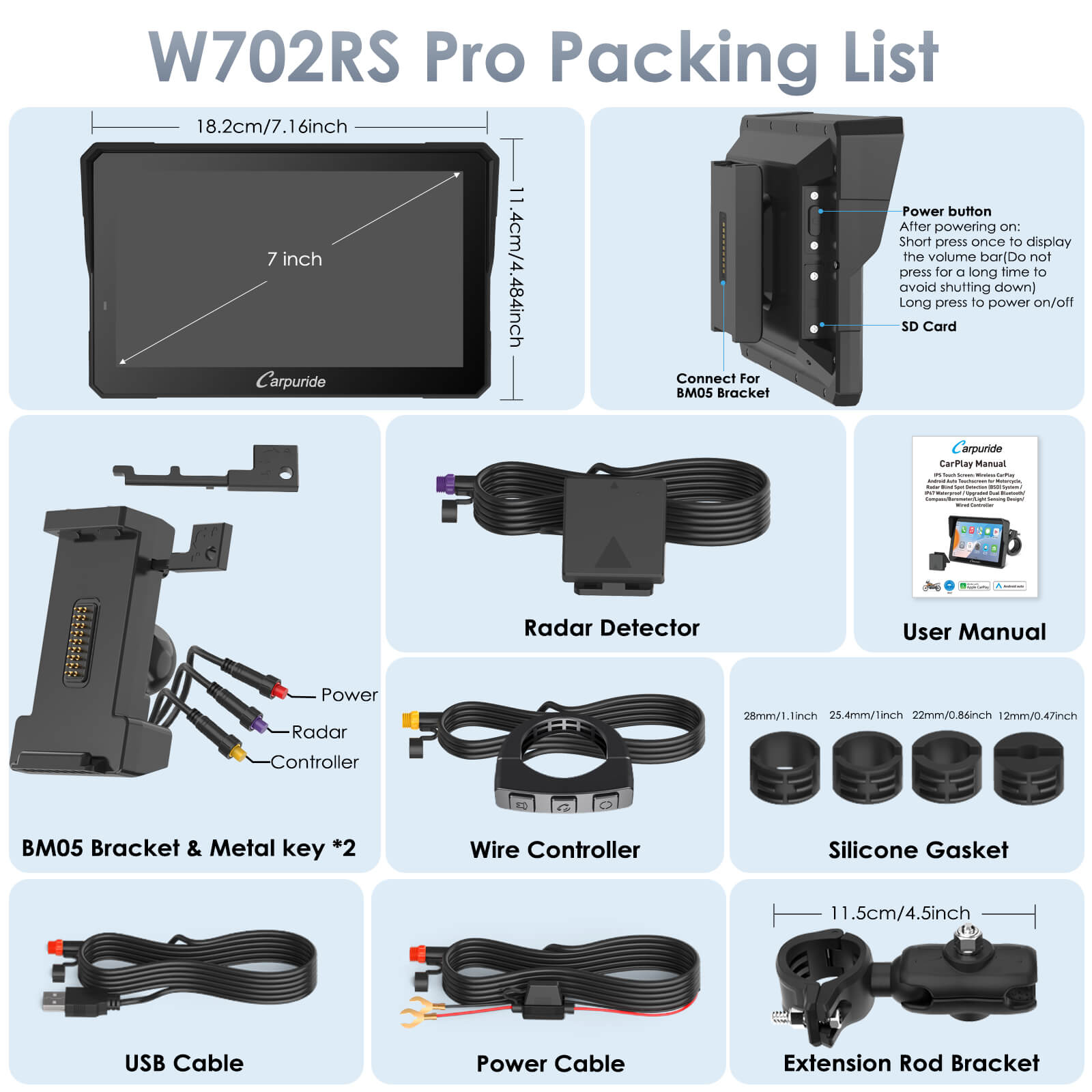 Carpuride 702RS Pro with Optional TPMS - Motorcycle CarPlay with Radar BSD & Plug-and-Play Bracket