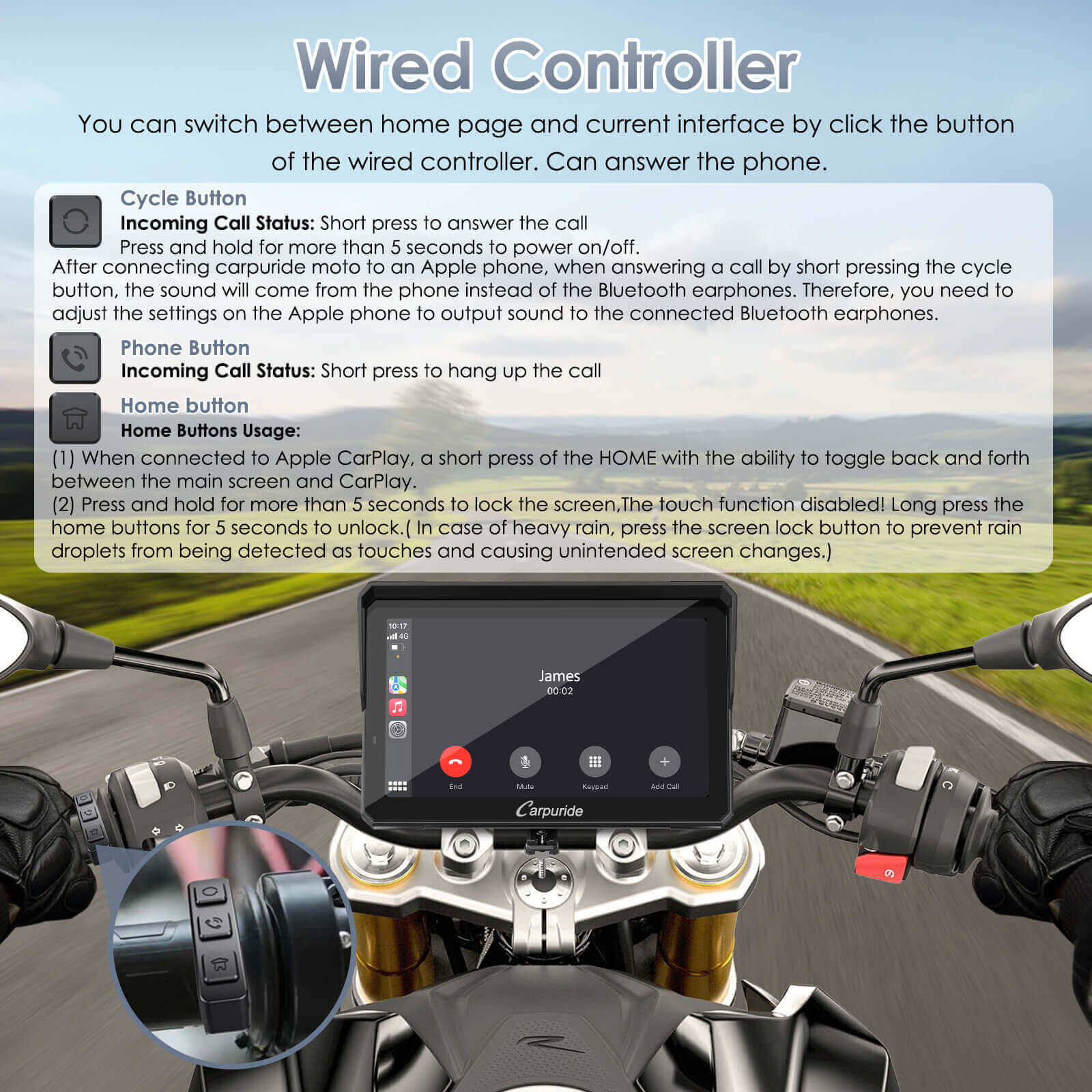 Carpuride 702RS Pro with Optional TPMS - Motorcycle CarPlay with Radar BSD & Plug-and-Play Bracket