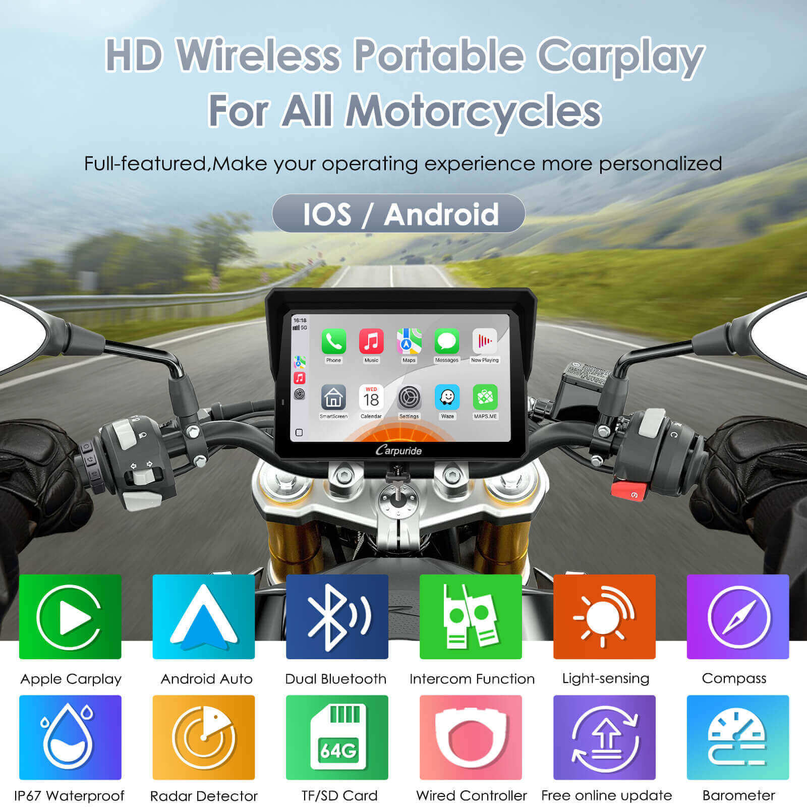 Carpuride 702RS Pro with Optional TPMS - Motorcycle CarPlay with Radar BSD & Plug-and-Play Bracket