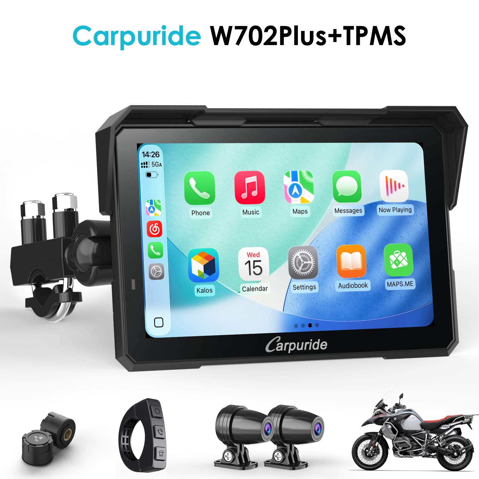 Carpuride W702 Plus Wireless Portable Motorcycle Stereo - Install Apps, Built-in GPS & Dual Cameras