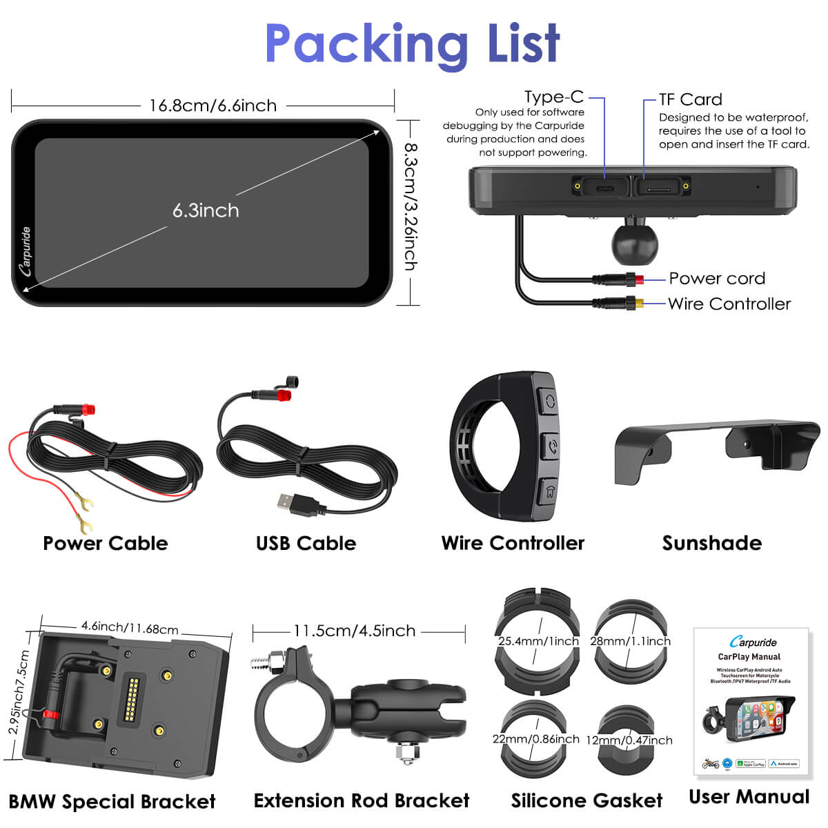 Carpuride W603B Wireless Portable Motorcycle Stereo Compatible Navigation Bracket