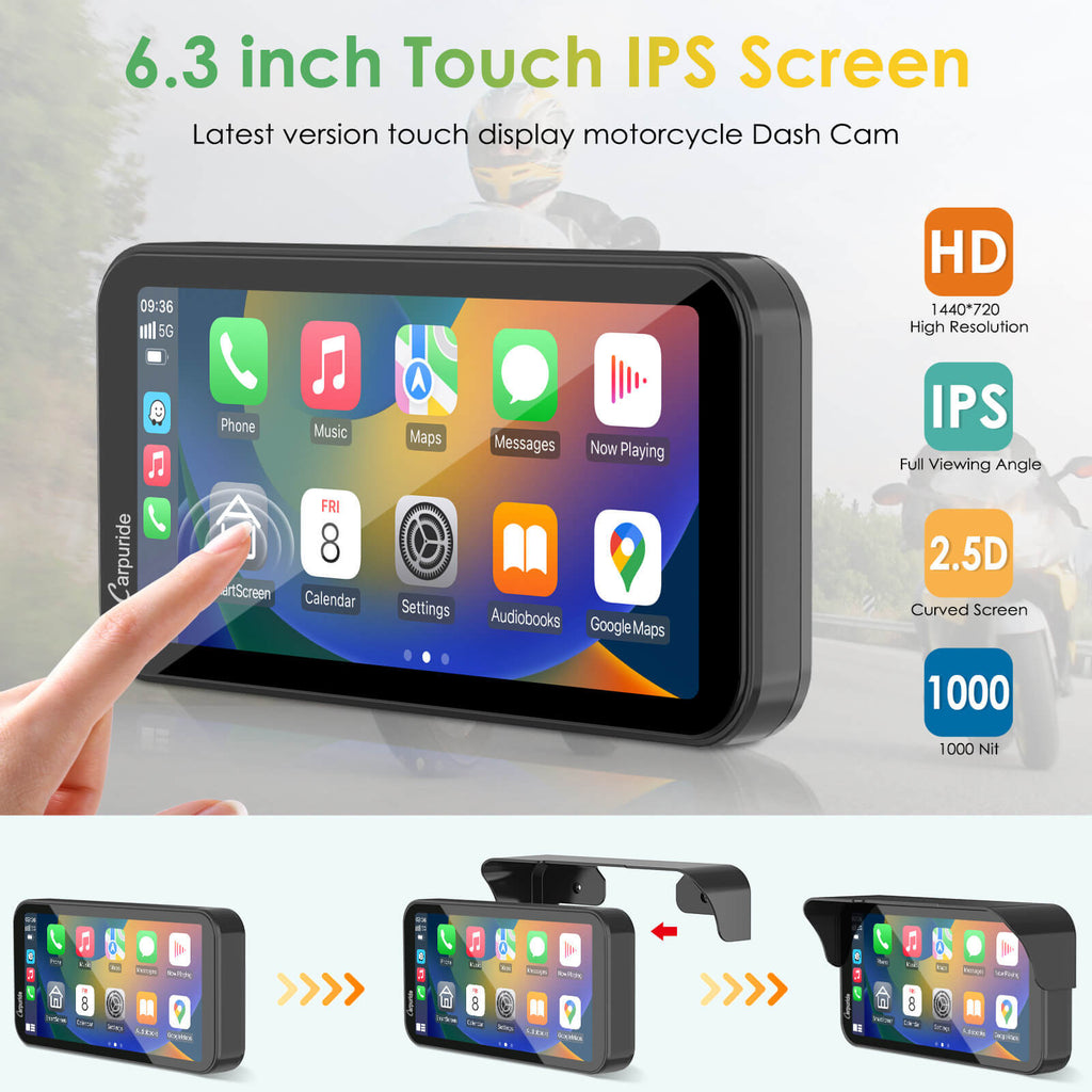 Carpuride W603D with TPMS Option | Wireless Portable Motorcycle Stereo with HD Dual Cameras
