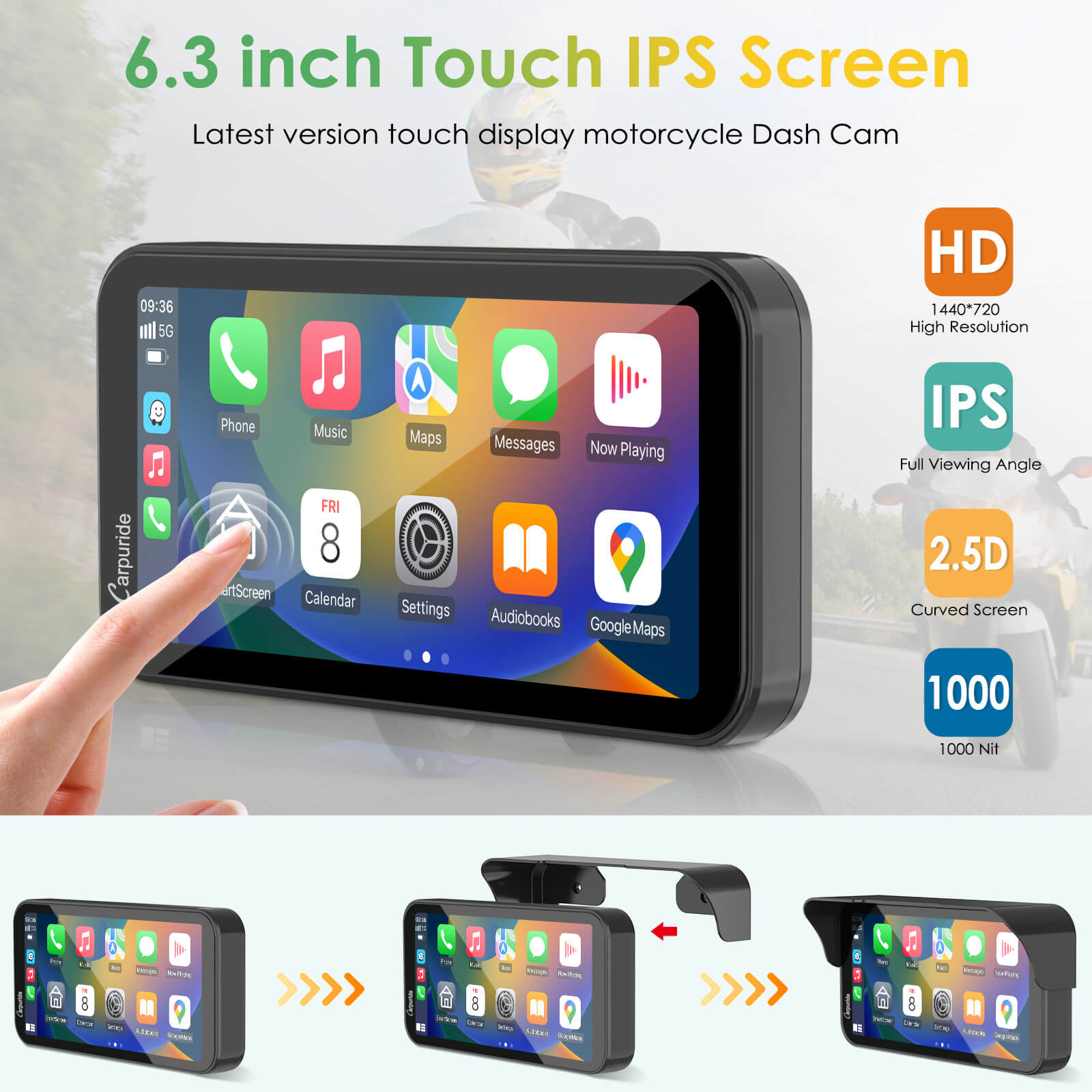 Carpuride W603D with TPMS Option | Wireless Portable Motorcycle Stereo with HD Dual Cameras