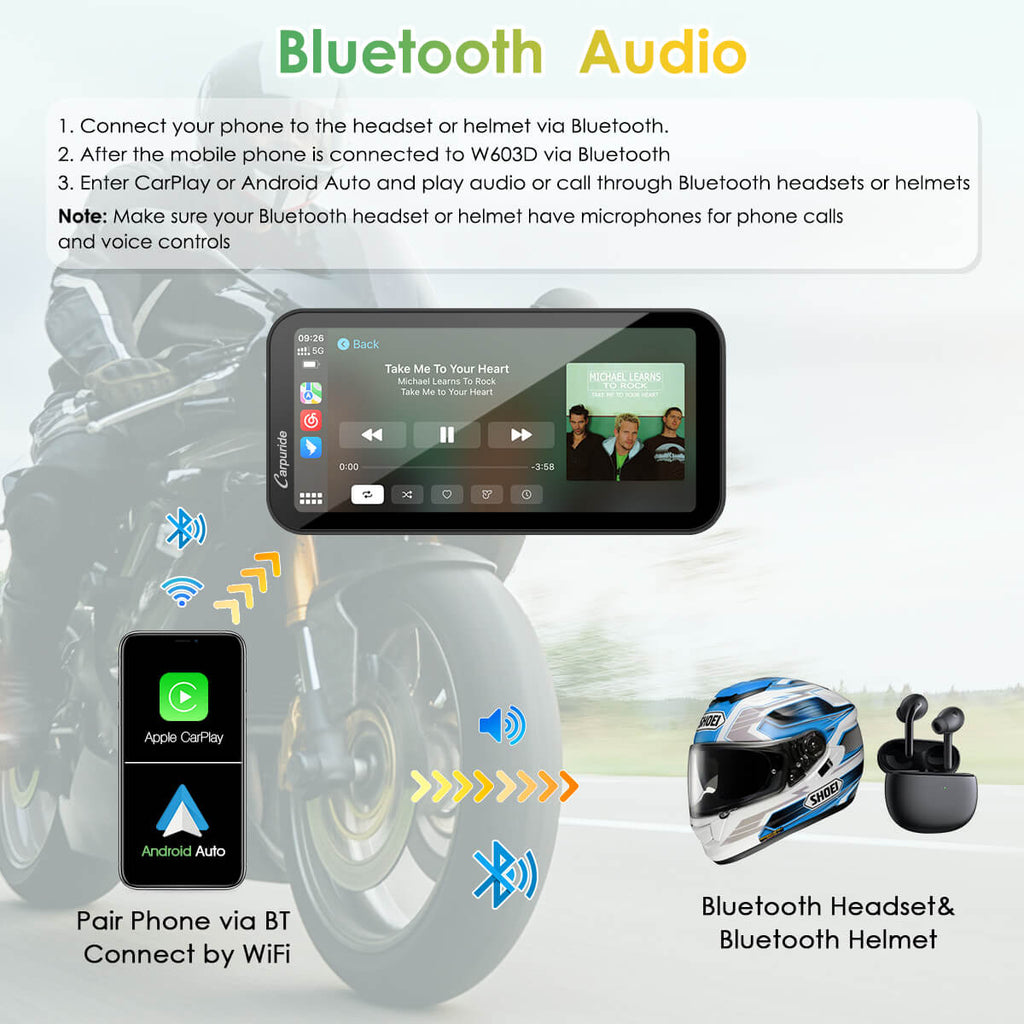 Carpuride W603D with TPMS Option | Wireless Portable Motorcycle Stereo with HD Dual Cameras